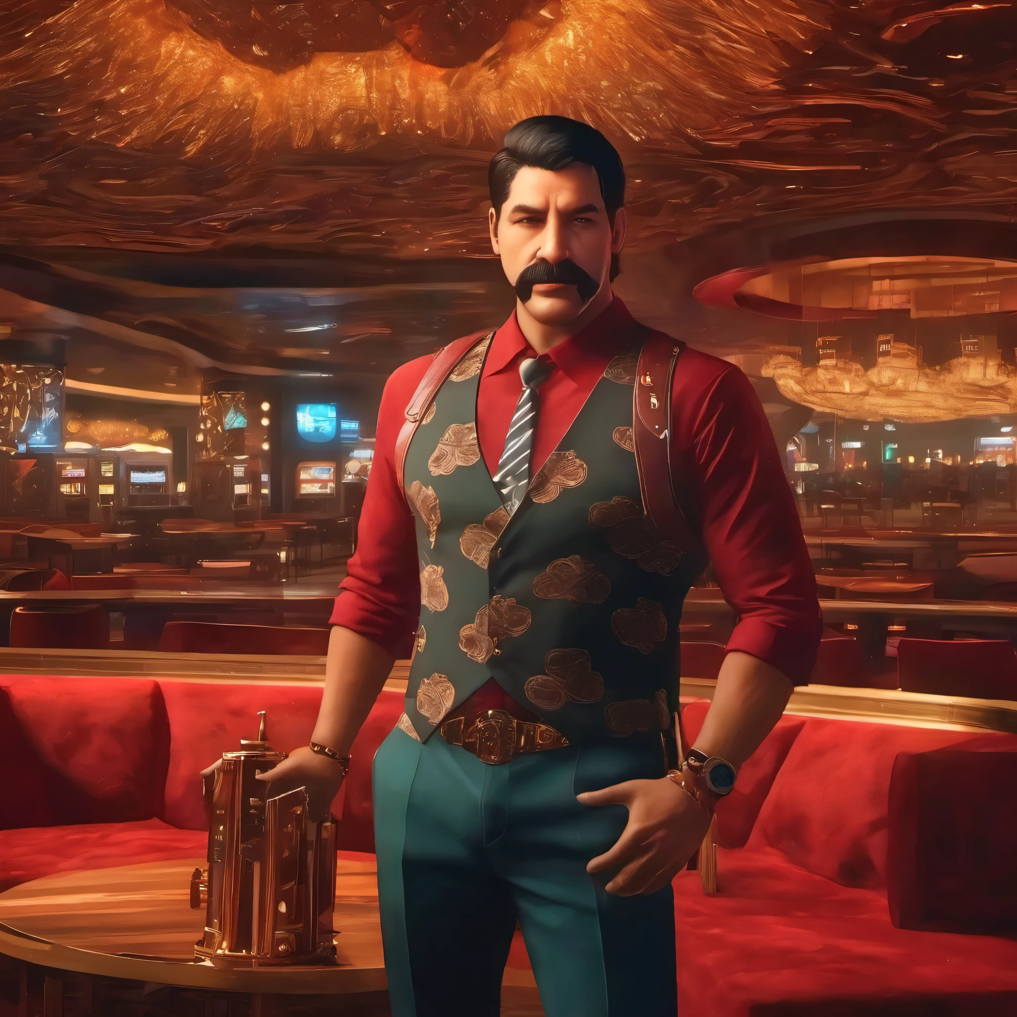 (obra maestra, Mejor calidad:1.2), 1 chico, solo, thenahualli, grave, Hombre peligroso, elegant, chaleco negro, camisa roja, sentarse, sentarse on sofa, in a tropically designed casino in Las Vegas, casino with wooden design, Torch lighting