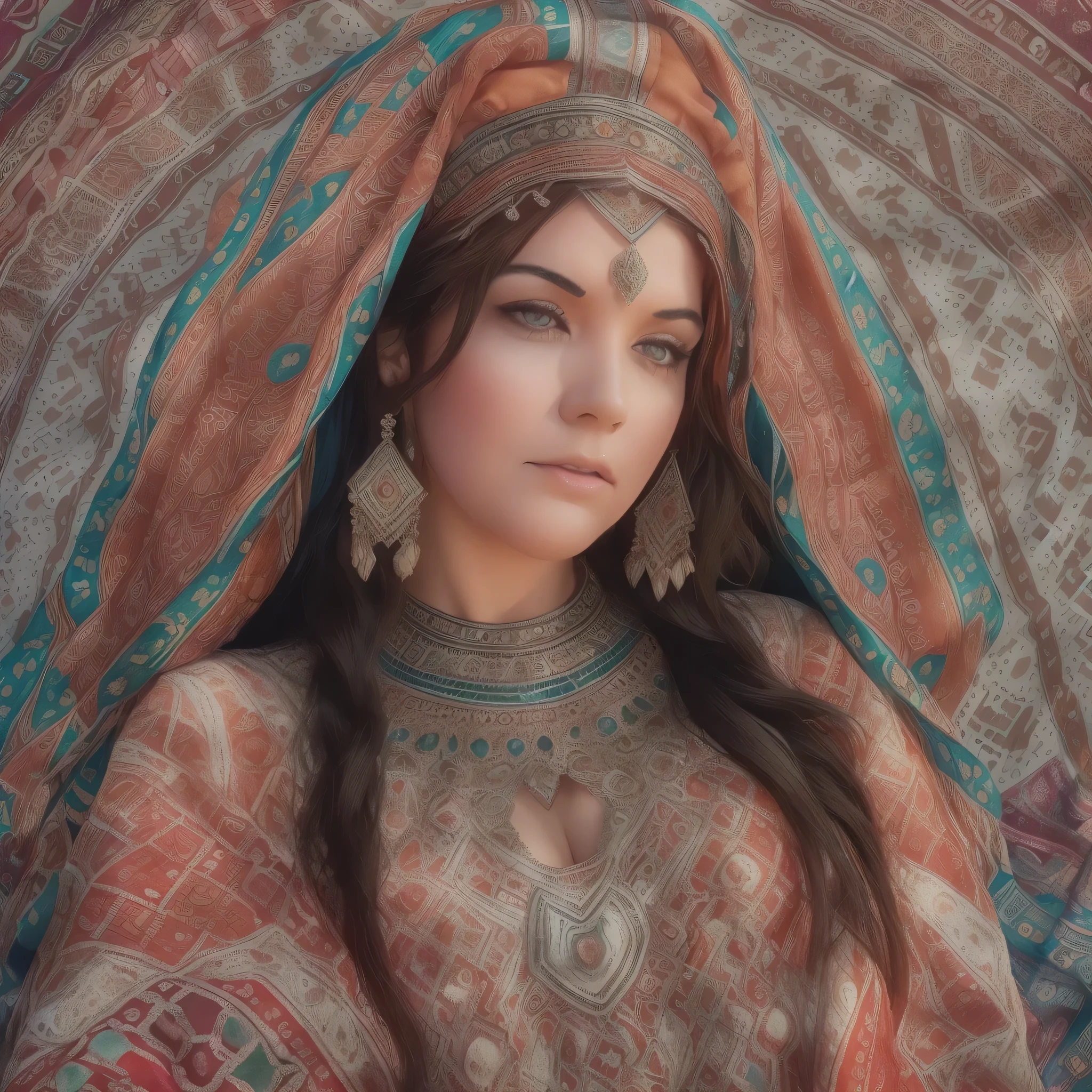 ((best quality)), ((masterpiece)), ((realistic,digital art)), (hyper detailed),DonMD3m0nV31ns,lightning veins, Lush Instrument, Optimal Viewing Angles,Eye Wash Stations,Detachable Units,Assembly Blocks, Lace, Crystalline, beautiful, traditional, Amazigh headdress, Amazigh culture, long shot scenic professional photograph of pretty woman, BBW, curvy, brunette, bright eyes, jewelry, Moroccan Caftan, TazerzitXL, isni, liberty headdress, Moroccan pattern background, Marrakech, Riad pool, Morocco, Berber, perfect viewpoint, highly detailed, wide-angle lens, hyper realistic, with dramatic sky, polarizing filter, natural lighting, vivid colors, everything in sharp focus, HDR, UHD, K