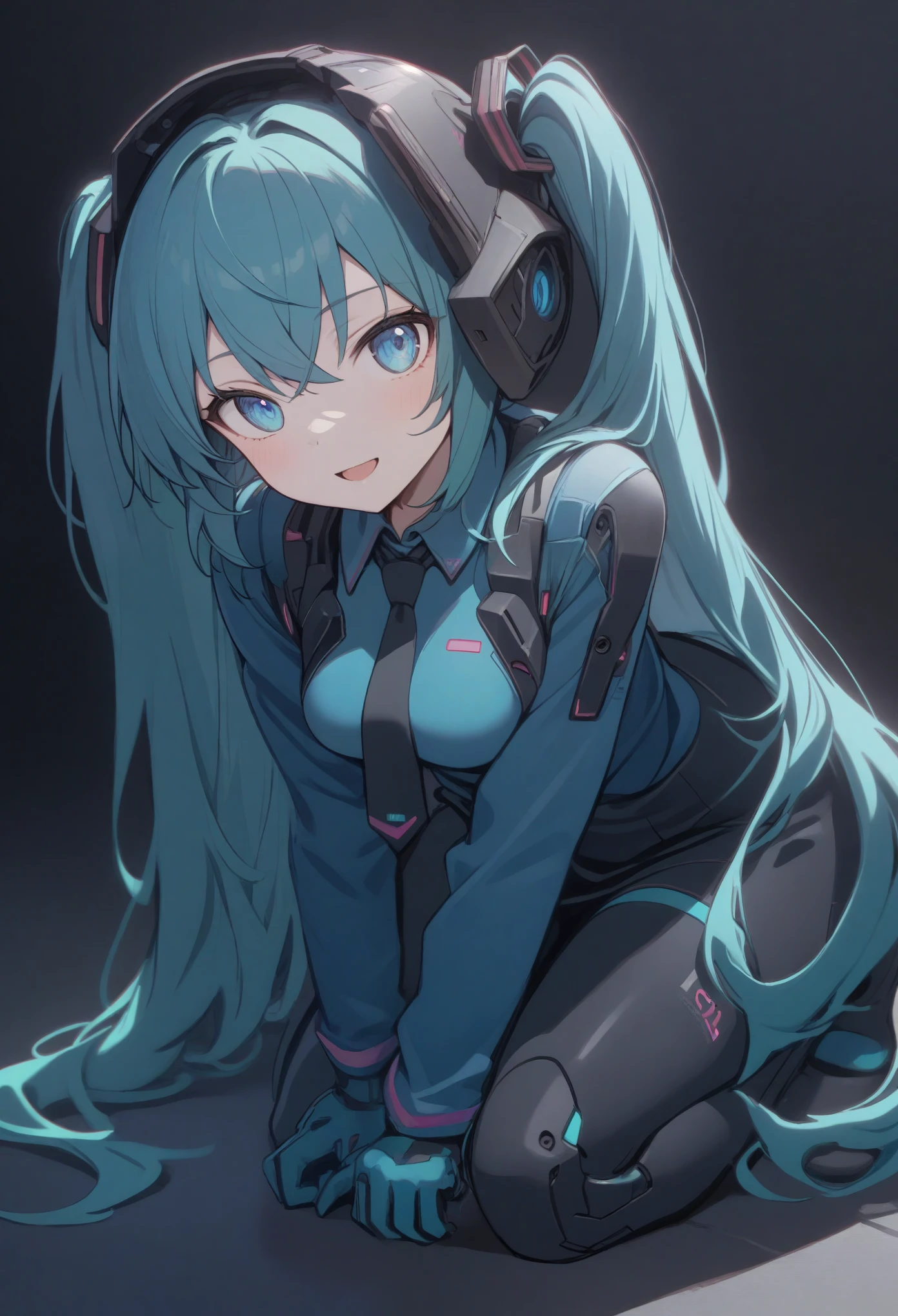 best quality, absurdres, (ultra high res), 1girl, solo, hatsune miku, kneeling on the floor, ((blue eyes): 1.3), artificial eyes, white pupils, green clothes, aqua hair, low twintails, perfecteyes, long hair, sitting, mechanical bodysuit, cyber helmet, blue suit, medium breasts, necktie, holding, skirt, white background, open mouth, smile (cinematic lighting), (simple gray background), fullbody view