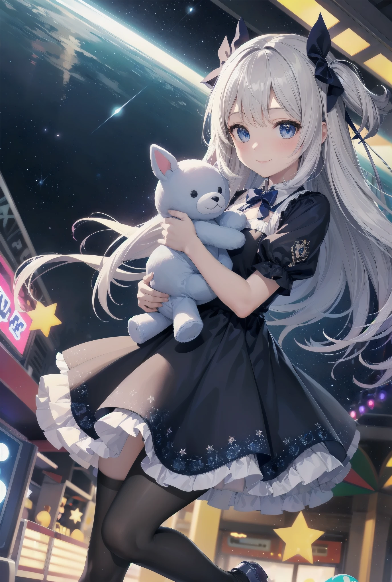 A girl hugging a stuffed animal in a space amusement park:.Amidst the colorful lights and stars of a space amusement park, a young girl holds a large stuffed animal in her arms. She is dressed in a dreamy blue dress decorated with lace and ribbons in the shape of stars. Her black tights are decorated with shiny floral patterns, and she wears shoes with silver glitter on her feet. The girl's expression is shy and smiling, and behind her is an infinite universe, with stars twinkling all around her. This scene captures a fantastic moment when dream and reality intersect