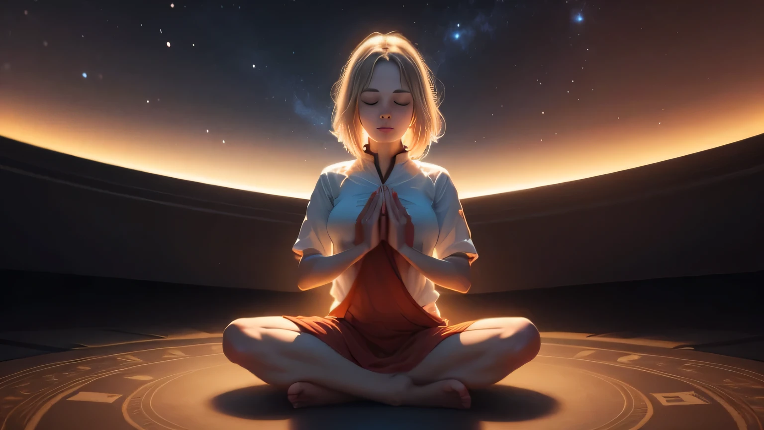 A woman meditating with her hands together Space mandala on background