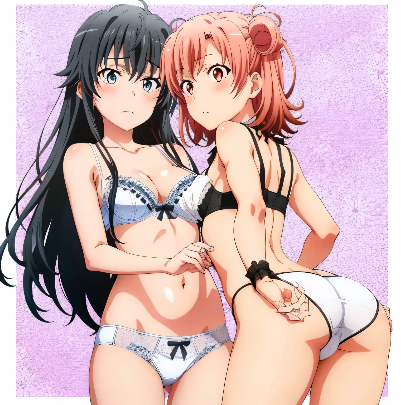2 girls , Yukinoshita Yukino , Yuigahama Yui has a nice bust and hips., waltz dance , In underwear,pink good,belly button,panties,white bra、belly button,white panties,thighs,butt,high angle,troubled face,blush,in front of everyone