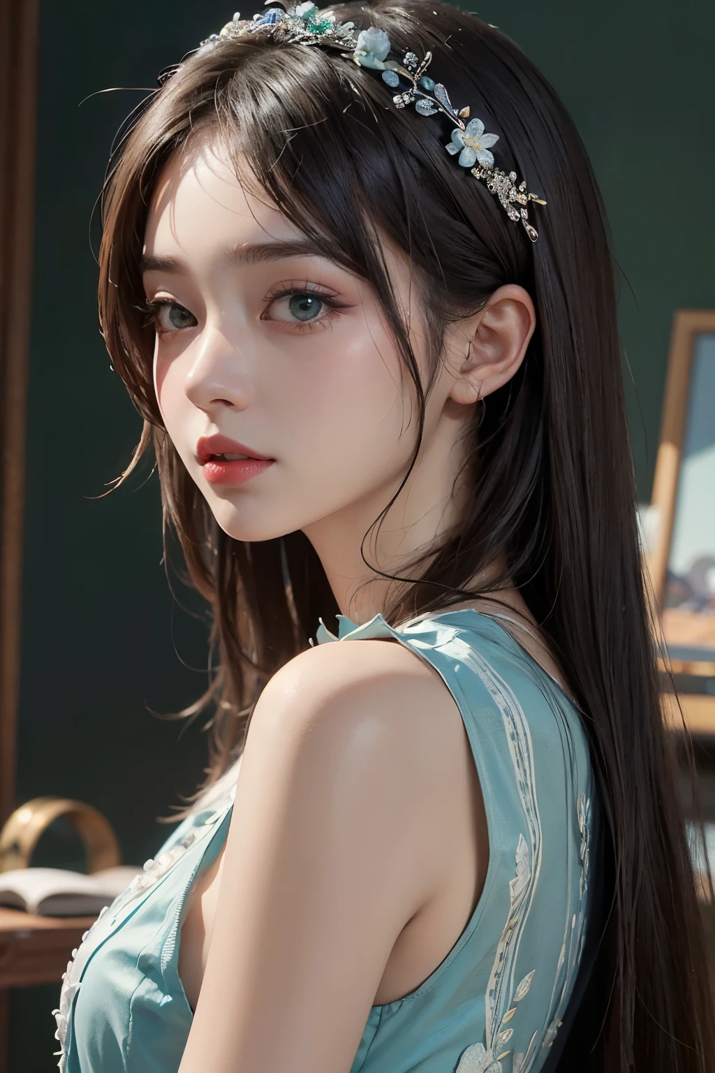 ((best quality)), ((masterpiece)), (detailed), perfect face, Close up of woman in blue and white dress in green room, artwork in the style of 구웨이즈, korean beauty, many props background, long dress, 