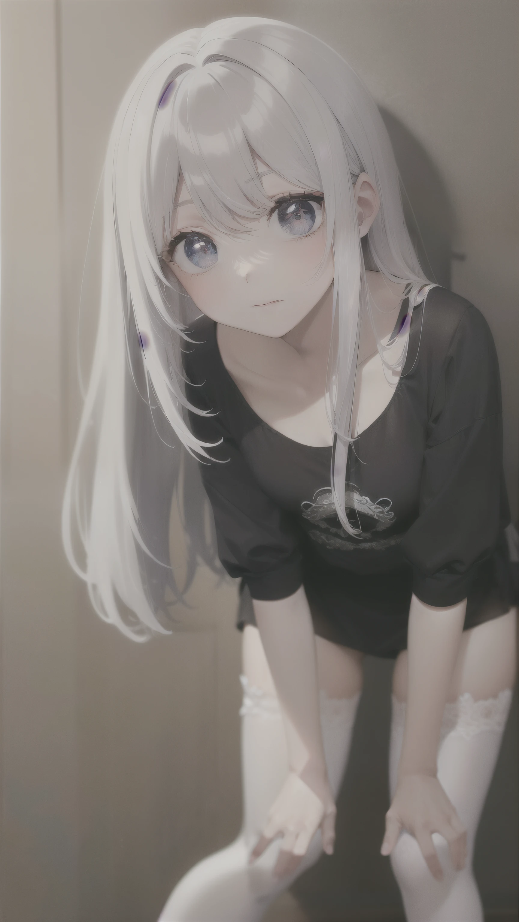 ((masterpiece, best quality))++, Detail lights+,  detail hair+, Detail hand+ ,1 girl, Honey, （long gray hair）++,   dark blue eyes,  beautiful eyes, Young gray hair,,(beautiful white hair:1.5),(beautiful eyes),    high resolution+,   black stockings  ， a white pajamas, Glass tones, Reflective eyeanyery detail wallpaper, The original, ,scassue card ，Nature，White rose，heterochromatic pupils