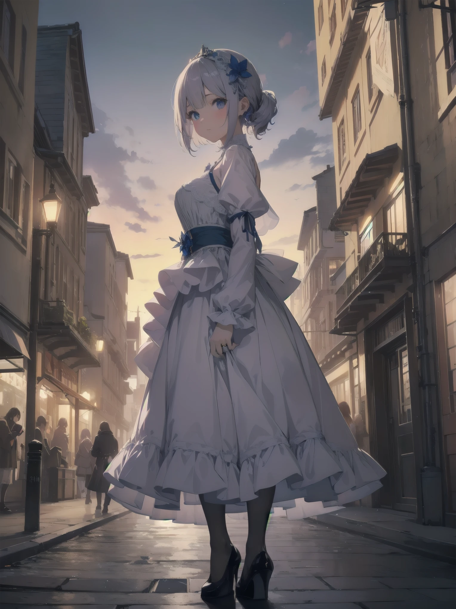 Concept:Childhood Bride: A wedding ring shining on the ring finger
Fusion of medieval European fashion
Emphasis on the elements of cuteness and longing
Illustrations of poses that express the overwhelming cuteness of the characters in the foreground
Overwhelming architectural and cityscape backdrops with ultra-detailed and richly detailed modern interpretations of medieval Europe and fantasy worlds
Realistic textures, professional artistic shading and light sources, scene-like cinematography and effects, subject depth
One beautiful girl, super cute, bob cut, side ponytail, perfect anatomy
Colors: pastel, white, pale purple, blue, gingham check
Materials: chiffon, lace, satin, velvet, etc.
Silhouette: Fluffy skirt, A-line, long length
Decoration: Ruffles, ribbons, lace, pearls, embroidery, etc.
Coordinates: Romantic princess: pastel-colored dress, lace blouse, fluffy skirt, ribbon hair accessory, black tights
Add accessories and accessories for a unique look