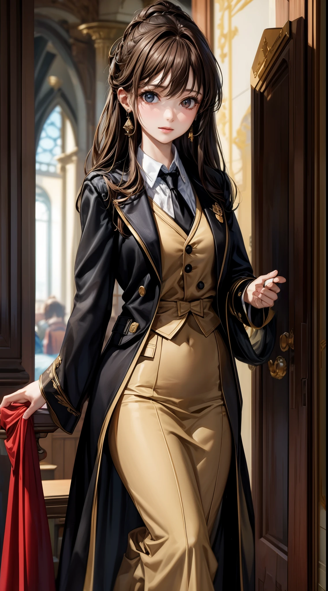 (highest quality, masterpiece, Super detailed, very detailed, High resolution), (1 girl, single, alone),  anime girl, brown hair, long raven hair, Slightly wavy hair, parted bangs, magician, brown eyes, diamond earrings, black long coat, tie, white shirt, black skirt, noble, noble clothes, beautiful, ethereal, elegant, Prestigious, classic, royal building, natural lip, magic school