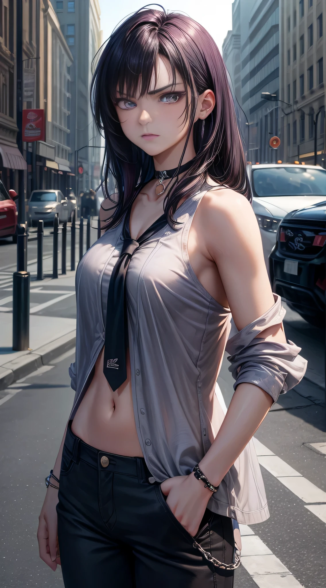 (masterpiece, best quality:1.2),(beautiful eyes).cowboy shot, only, 1 girl, 20 year old female, angry expression, looking at the viewer, put one's hand in one's pocket, short black hair, purple eyes, formal, last, last de oficina, tie, black pants, choker, cityscape, street,(((nude)))