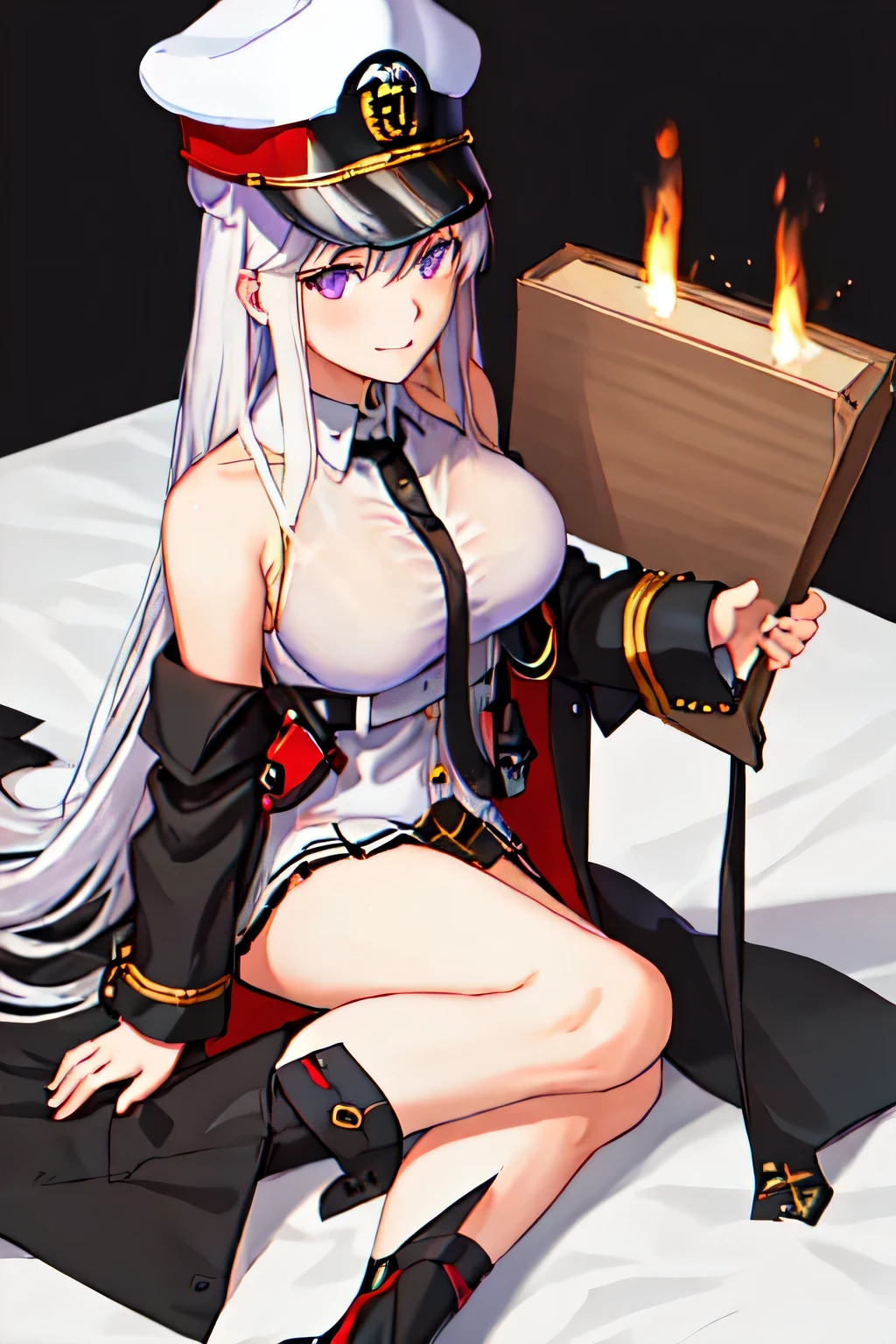 best quality, masterpiece, highres, solo, {enterprise_azurlane:1.15}, long_hair, purple_eyes, white_hair, breasts, hat, bangs, large_breasts, sleeveless, necktie, smile, peaked_cap, white_headwear, black_necktie, blush, very_long_hair, hair_between_eyes, 1girl, bare_shoulders, black_coat, coat, collared_shirt, open_clothes, shirt, sleeveless_shirt, white_shirt, closed_mouth, looking_at_viewer, simple_background, off_shoulder, open_coat, military_hat, white_background, legs, thick legs, sitting, upper view