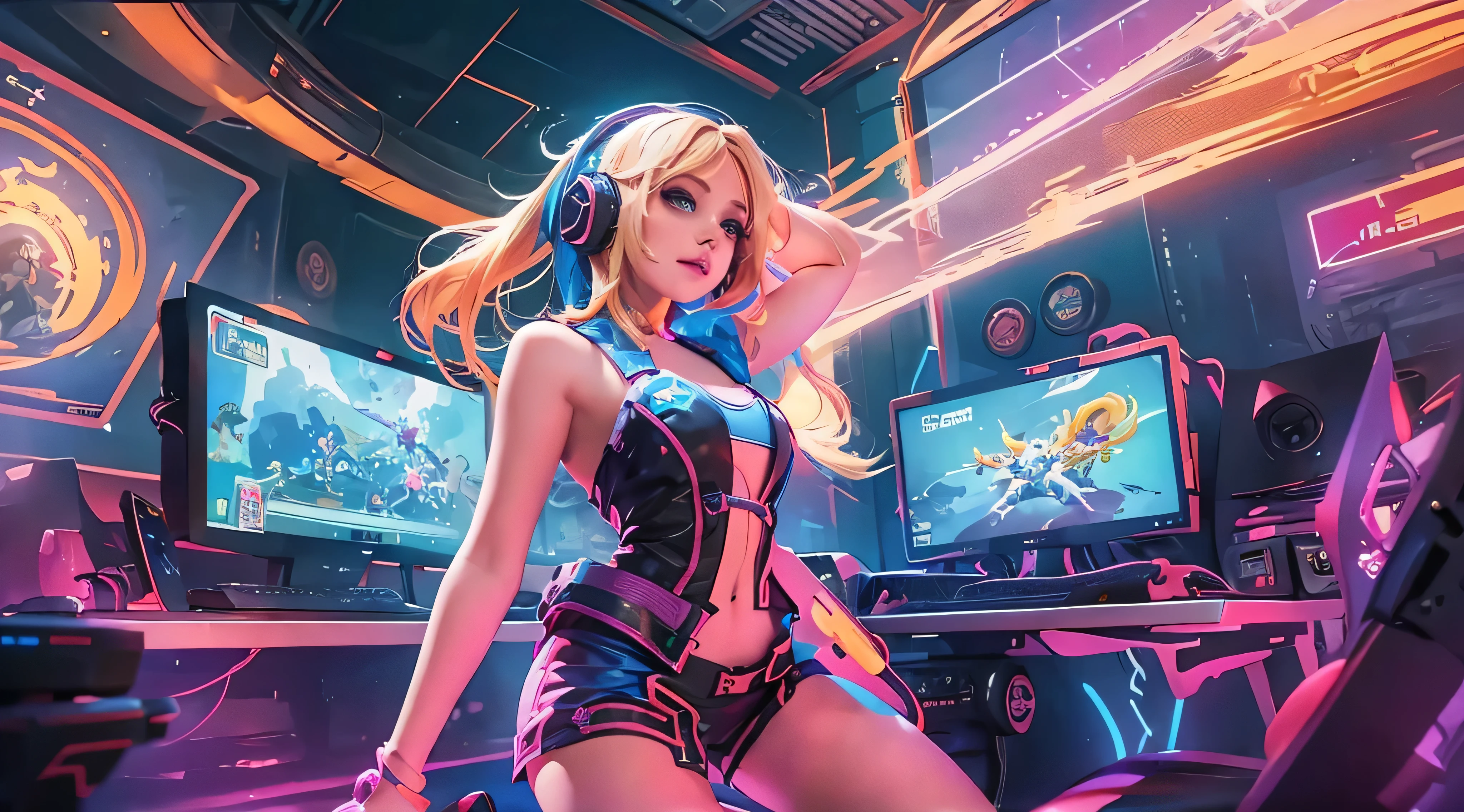 A girl with blond hair, wearing a colorful outfit and cosplay costume, stands in a dynamic pose. She has a playful expression on her face as she enjoys playing video games. The girl is a gamer, immersed in her virtual world, holding a console controller in one hand and a keyboard in the other. She wears headphones, symbolizing her dedication to gaming. The scene is set in a brightly lit studio with soft lighting, enhancing the vivid colors of the girl’s outfit. The composition is creative and cartoonish, with a background scenery featuring artistic interpretation of video game elements. Glowing digital effects surround the girl, adding to the energetic and action-packed atmosphere. Electric blue accents are scattered throughout the image, giving it a mysterious and futuristic feel. Overall, the prompt aims to capture the fun, enthusiasm, and creativity associated with gaming, while showcasing the girl's passion and love for video games in an anime-style artwork.
Gamer girl blond hair sexy outfit slim body