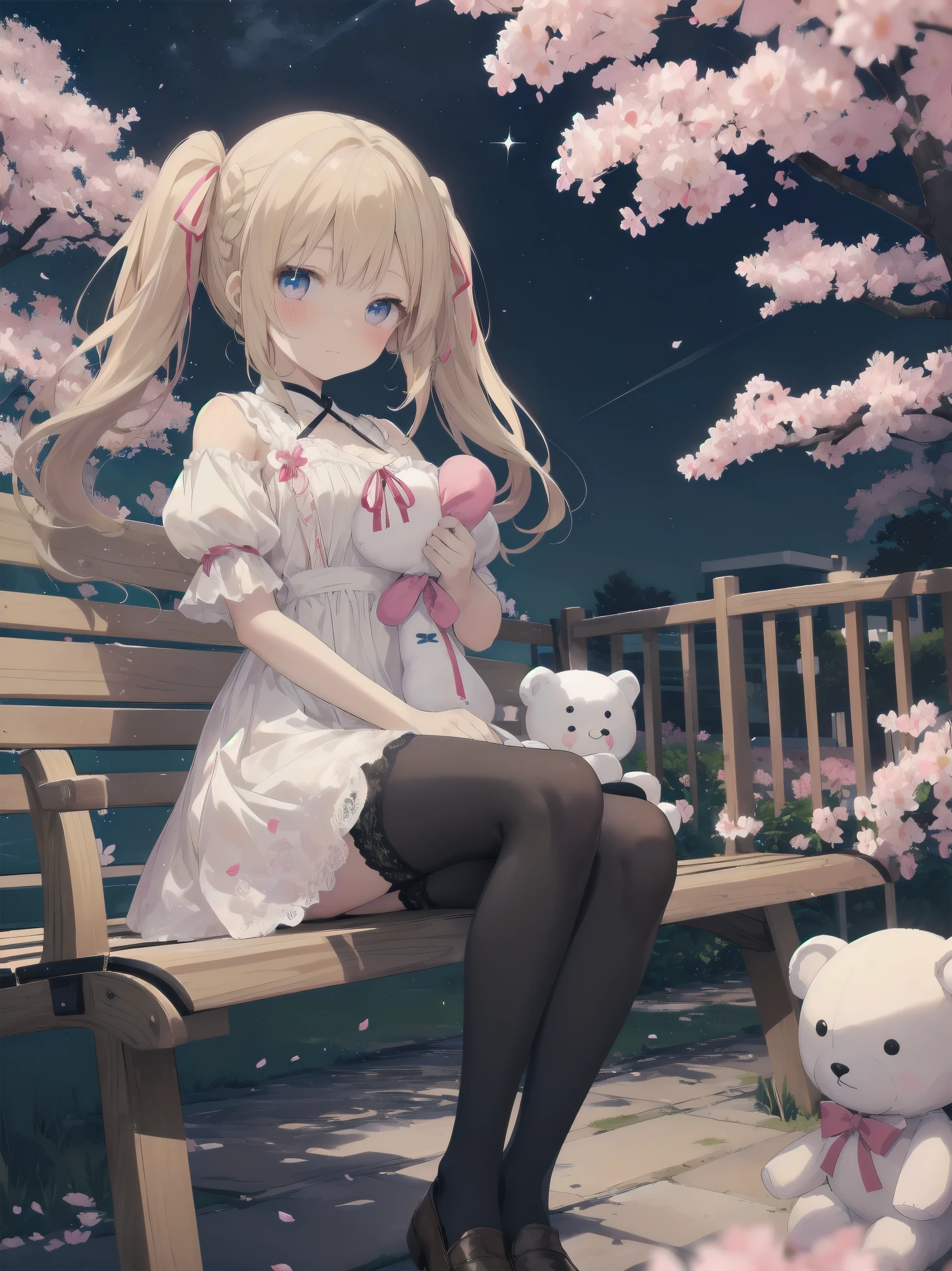 Title: "Stuffed Toys on a Starry Night
Synopsis:.
A cute stands under a fantastic nighttime cherry blossom tree.
She is wearing black tights, and at her feet sits a cute flower-patterned stuffed animal.
Steam was rising from the air, and a cluster of particles, fluorescent in seven different colors, danced around her, creating a fluffy atmosphere.
The girl holds the stuffed animal with an embarrassed expression.
Her costume incorporates elements of lace and ribbons, harmonizing with the beauty of the nighttime cherry blossoms.
Costume
Fluffy white lace dress
Pink ribbon on the chest
Puff sleeves
Skirt is knee-length and worn with black tights
Pink loafers on her feet
Posing
Holding a large stuffed animal
Looking shy and downcast
Blushing cheeks
Hair in twin-tails tied with a pink ribbon
Situation
Walking along a row of cherry blossom trees
Sitting on a park bench
Drinking tea at a cafe
Other
The girl's hair color is blonde and her eyes are blue
Age is
Her personality is cheerful and kind