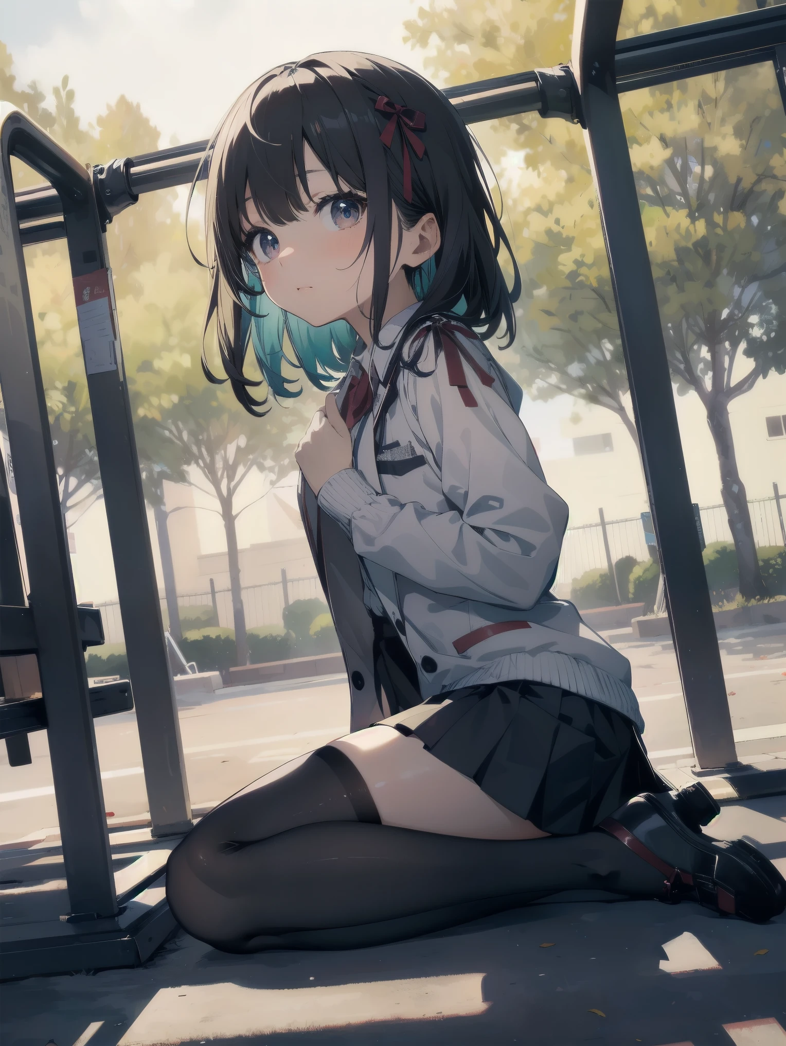 (Masterpiece: 1. 2), (Top quality: 1. 2), Anime girl, 1, , Fashionable ribbon, red intricate and detailed eyes, white female blouse, brand grey blazer, small red ribbon on chest, super young and cute kindergarten girl, kindergarten , priss skirt, black tights, details Fine tights, full body, young girl looking back from the side, front view, alone, bruised and super cute, thighs open left and right, erotic pitch kindergarten ,
Background is sitting on the playground equipment in the park, legs open and looking at you, colourful background, beautiful shading effect, bewitching character poses like a scene from a movie.