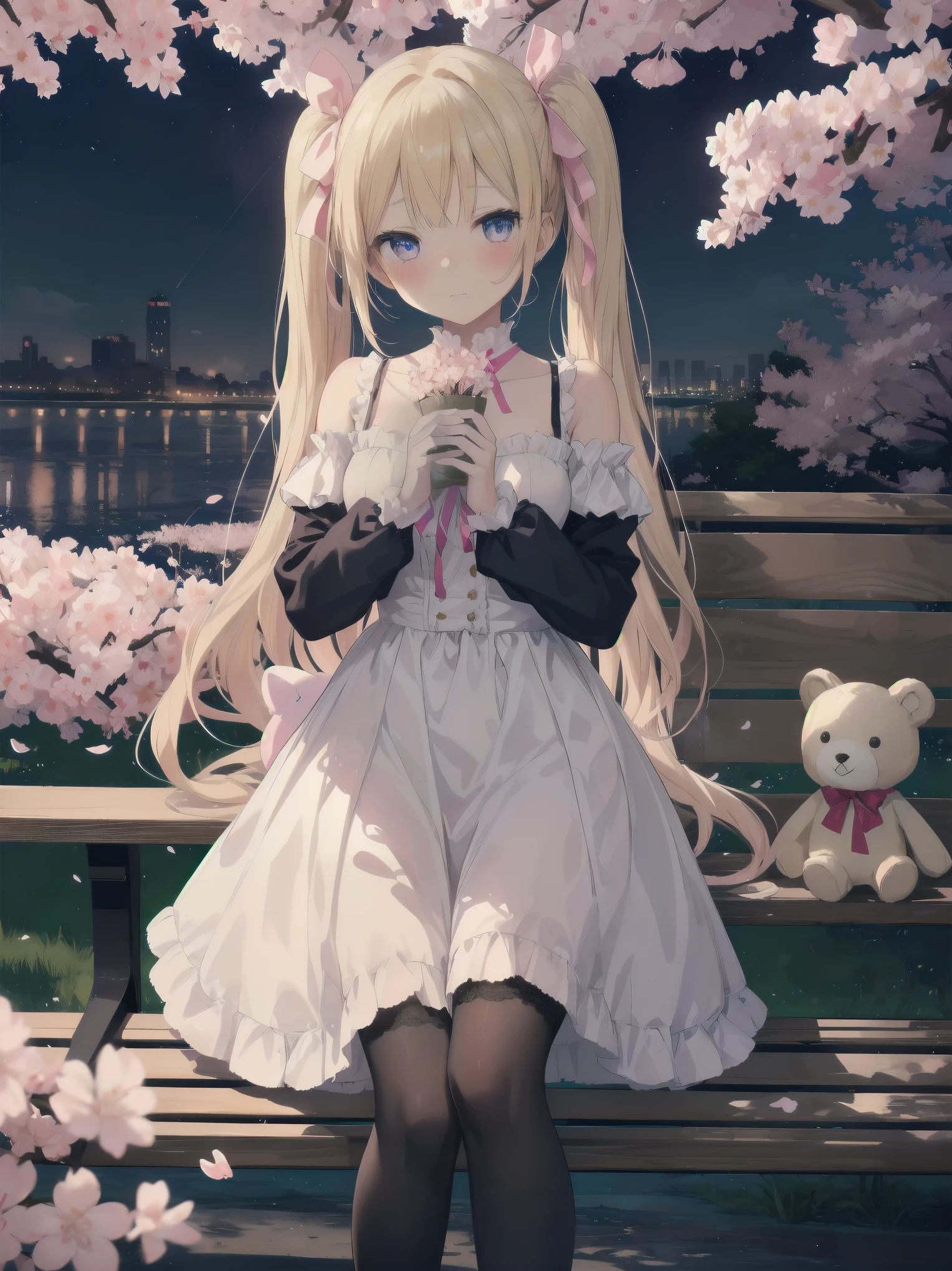 Title: "Stuffed Toys on a Starry Night
Synopsis:.
A cute stands under a fantastic nighttime cherry blossom tree.
She is wearing black tights, and at her feet sits a cute flower-patterned stuffed animal.
Steam was rising from the air, and a cluster of particles, fluorescent in seven different colors, danced around her, creating a fluffy atmosphere.
The girl holds the stuffed animal with an embarrassed expression.
Her costume incorporates elements of lace and ribbons, harmonizing with the beauty of the nighttime cherry blossoms.
Costume
Fluffy white lace dress
Pink ribbon on the chest
Puff sleeves
Skirt is knee-length and worn with black tights
Pink loafers on her feet
Posing
Holding a large stuffed animal
Looking shy and downcast
Blushing cheeks
Hair in twin-tails tied with a pink ribbon
Situation
Walking along a row of cherry blossom trees
Sitting on a park bench
Drinking tea at a cafe
Other
The girl's hair color is blonde and her eyes are blue
Age is 14 years old
Her personality is cheerful and kind