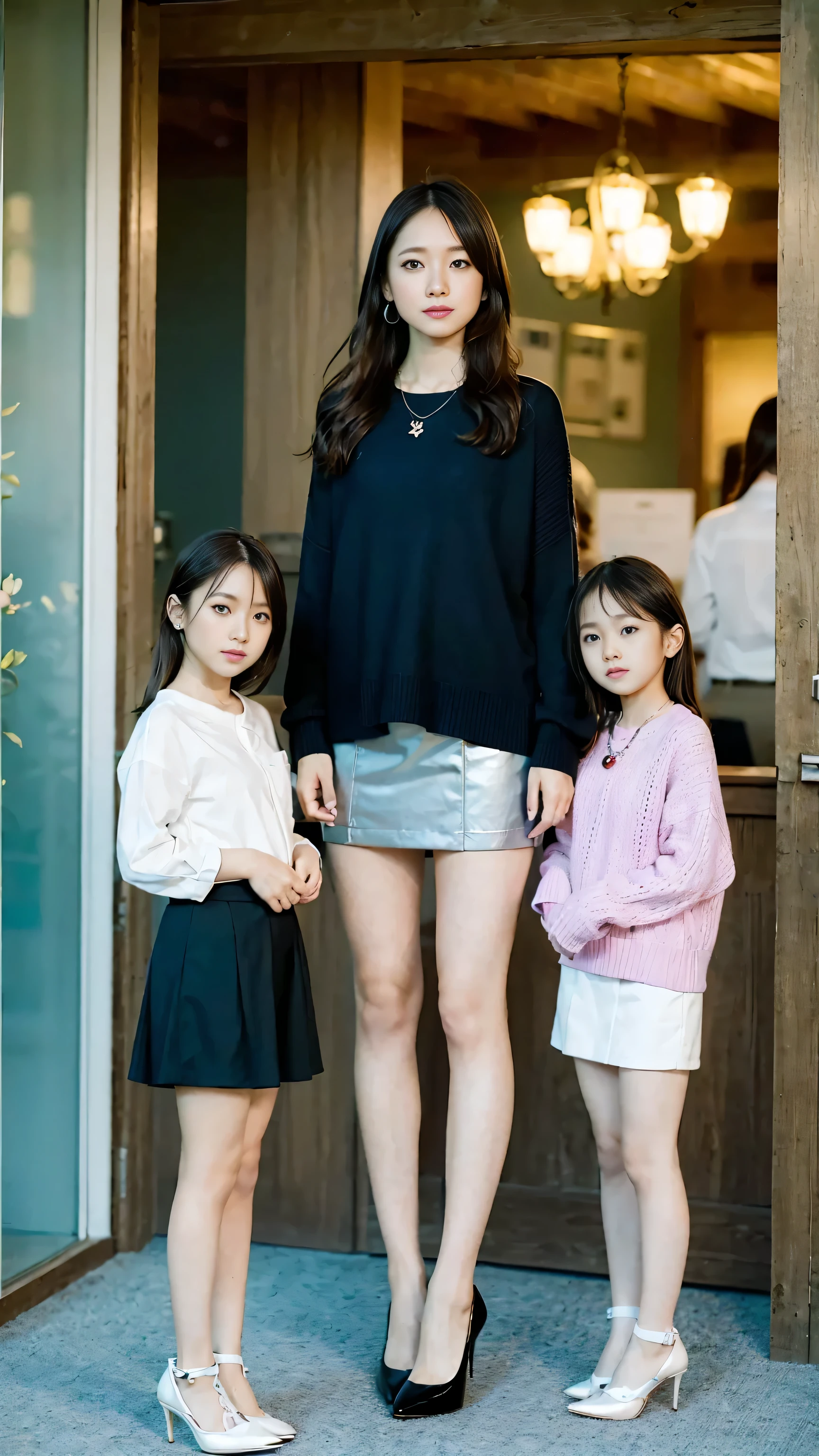 (highest quality, masterpiece, realistic, Super detailed, ultra high resolution, to be born:1.3), (3 girls:1.5), beautiful, Japanese, mature, 28yo, office workers, (tight knit, short skirt、I can see your pants), ({money| Silver| wine-red| navy| pink| yellow green| violet| sky blue} Clothes), (smile), (bangs), high waist, necklace, (office, indoor, glass room), (long legs, high heels, full body:1.2), (Medium chest:1.3), (crowd)