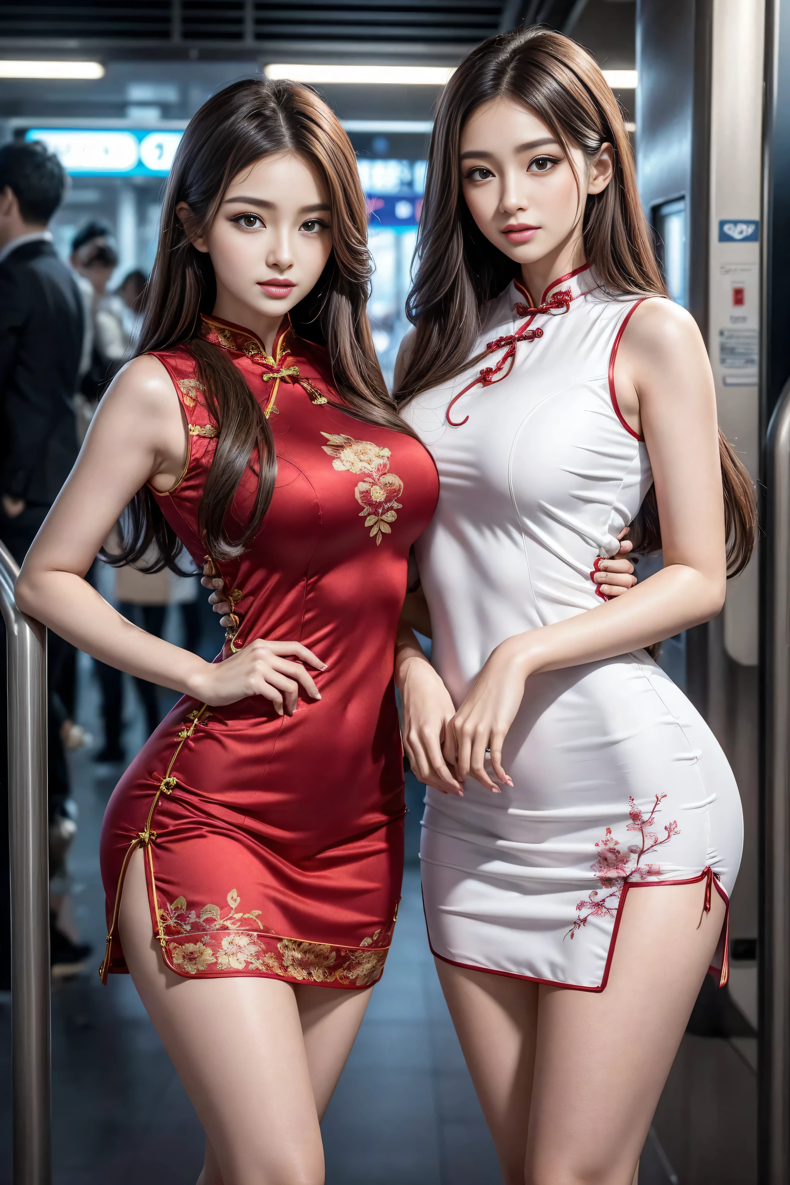 (2 girls), beautiful, amazing face and eyes, long brown hair，cosmetic, (Extremely detailed beautiful face), (The sexiest look), (beautiful big breasts:1.1), (best quality:1.4), (Super detailed), (Extremely detailed CG unified 8K wallpaper), Very detailed, original photo, Professional photography, ((cheongsam)), (tight dress), (super short cheongsam),Tokyo subway station、MRT station，whole body