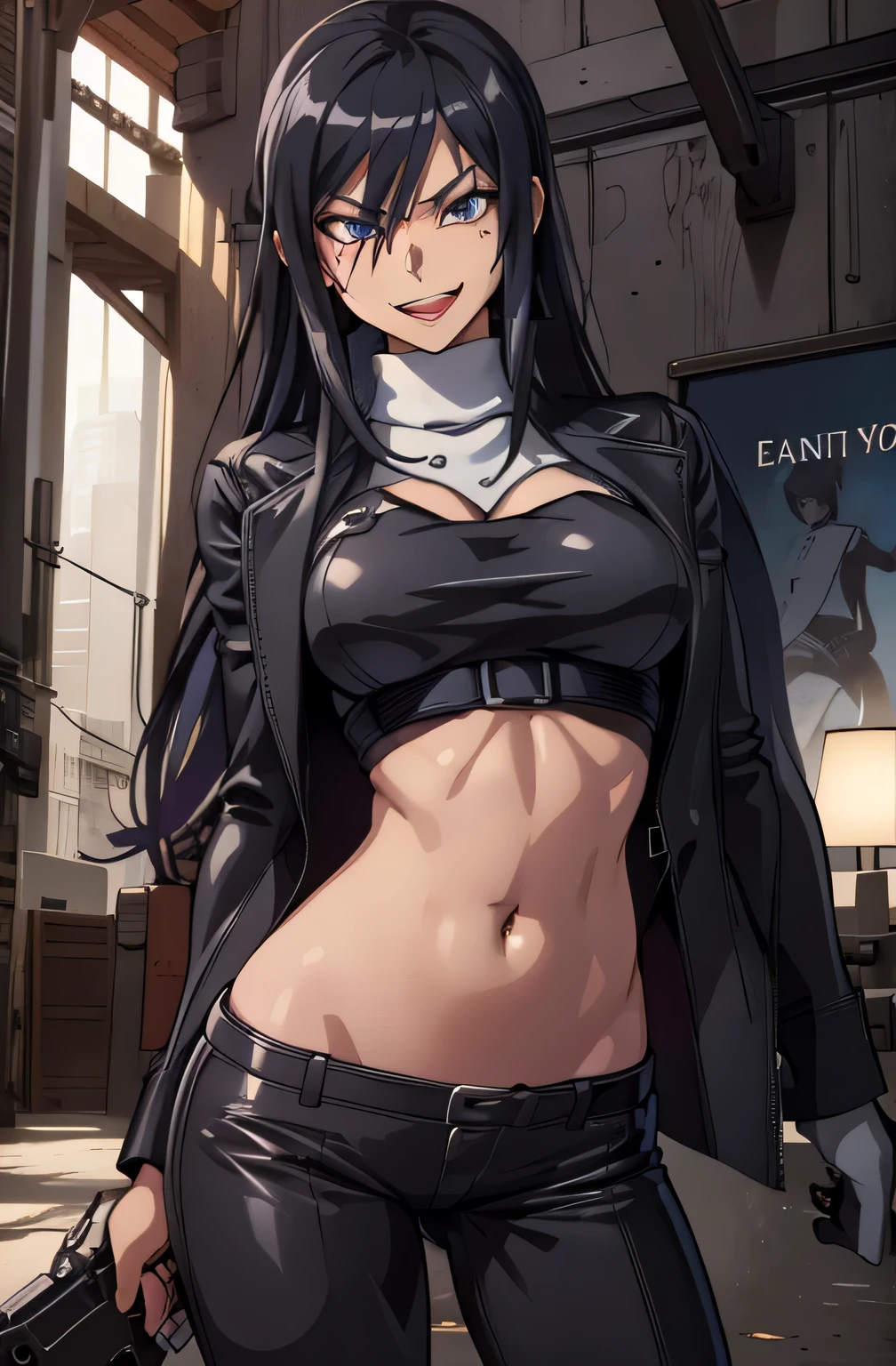 Pitohui_Elza, crazy smirk,, masterpiece, best quality, highly detailed, a girls with a gun, evil smile , open mouth, sexy gaze, badass
pose , evil smile, smile, (nsfw) not safe for work, guns blazing, anime girl with long hair, beautiful long
haired girl, navel, evil expression, exposed belly, exposed navel, exposed midriff, exposed lower belly,
long black pants, crop top, cleavage, unbuttoned leather pants ,open fly, low rise black leather pants,
leather jacket, holding a gun, outdoor,street,road,navel piercing