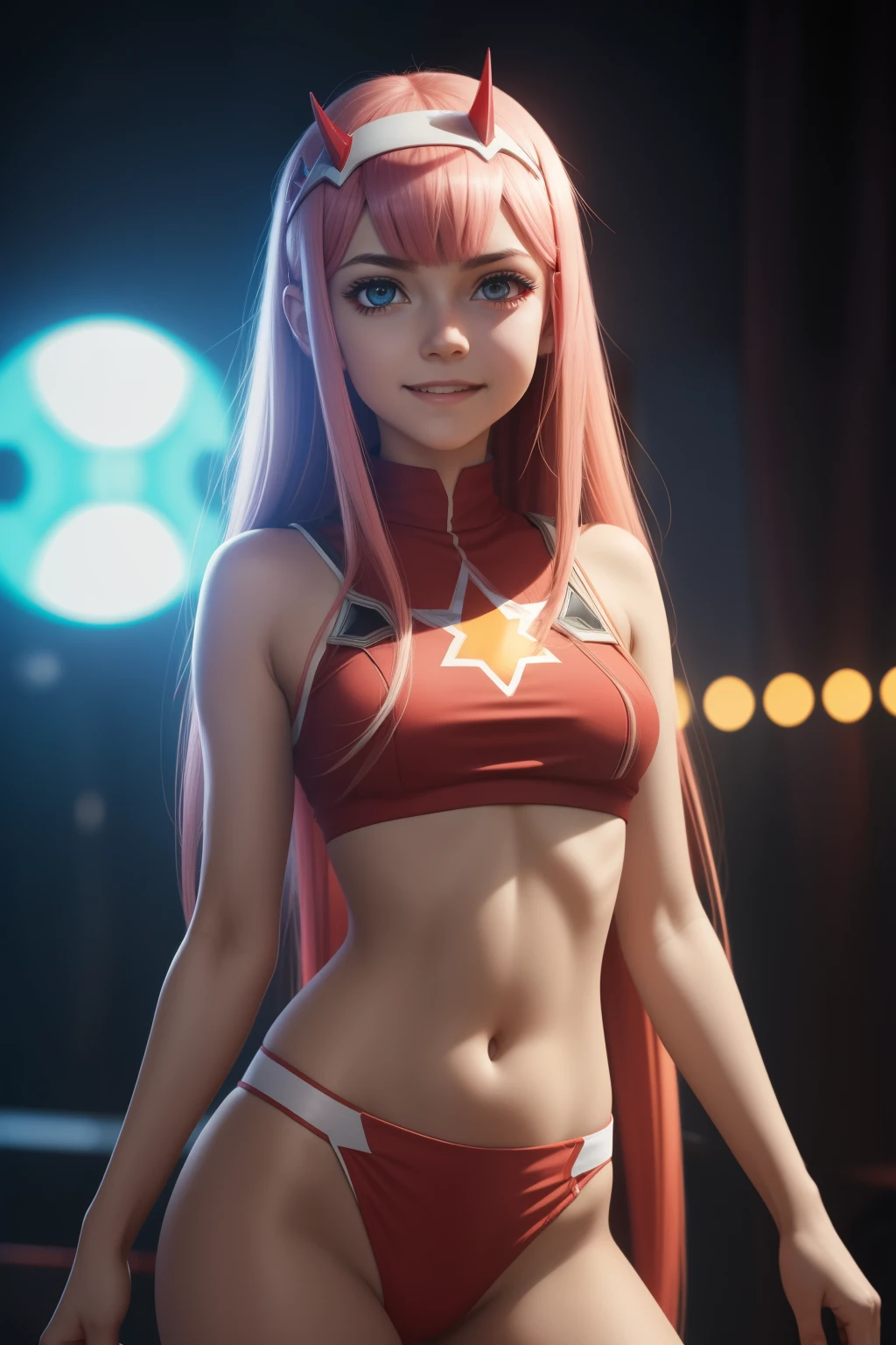 ((Zero Two Darling en el Franxx)), 8k, Obra maestra, Smile at the camera, La mejor calidad, fotorrealista, Ultra detallado, 1 girl, textura realista de la piel, senos grandes, Mira hacia el espectador, , Camiseta suelta de medio corte,, Underboobs, debajo de los senos, Micro mini falda, , movie lighting, Enfoque facial, Ojos finos, Cara detallada, Cara bien iluminada, Rayos de sol, Bailar en un ambiente ciberpunk, Low-angle shot, Vista desde abajo
