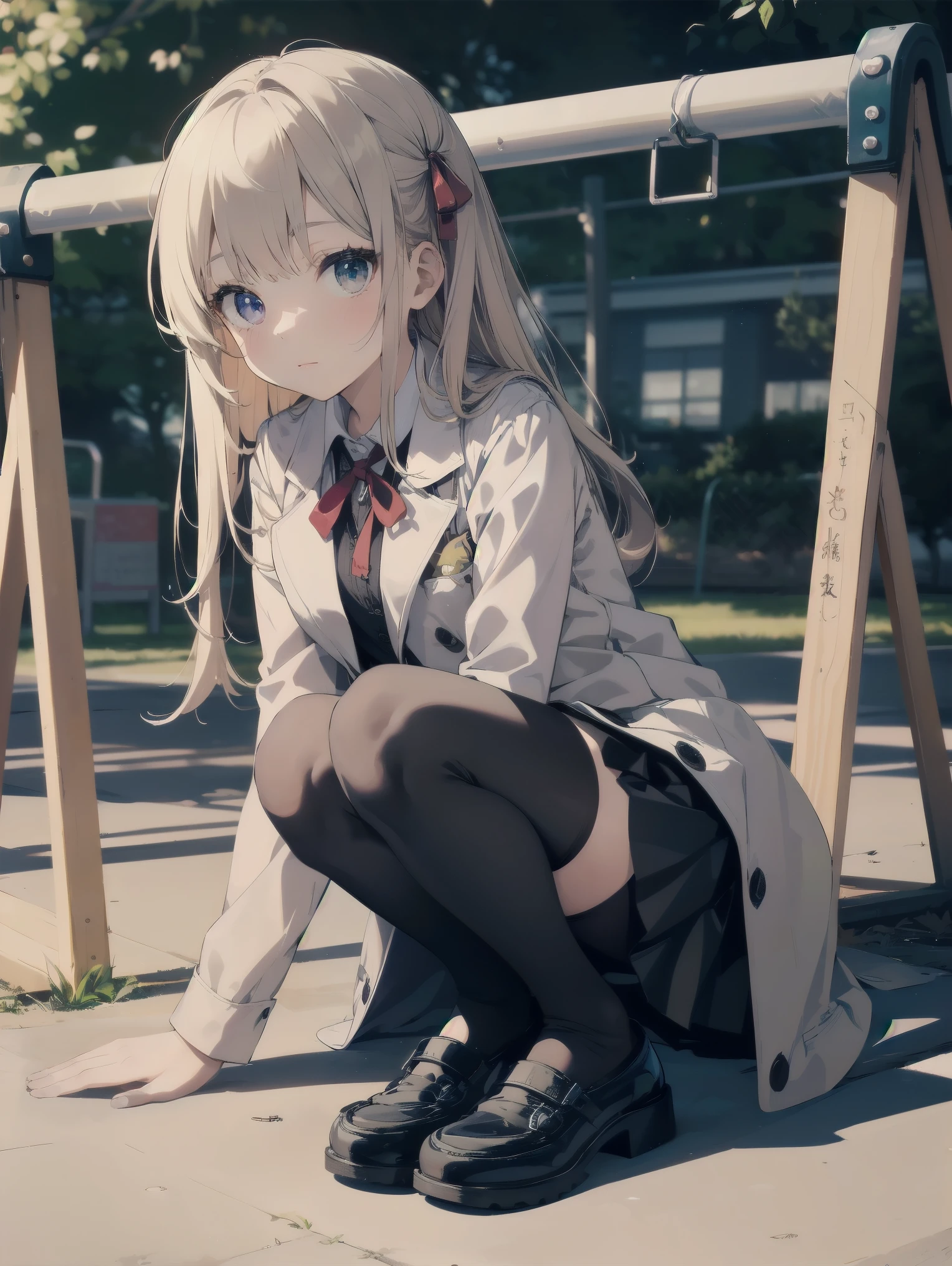 (Masterpiece: 1. 2), (Top quality: 1. 2), Anime girl, 1, 6 , Fashionable ribbon, red intricate and detailed eyes, white female blouse, brand grey blazer, small red ribbon on chest, super young and cute kindergarndergarten , priss skirt, black tights, details Fine tights, full body, young girl looking back from the side, front view, alone, bruised and super cute, thighs open left and right, erotic pitch kindergarten ,
Background is sitting on the playground equipment in the park, legs open and looking at you, colourful background, beautiful shading effect, bewitching character poses like a scene from a movie.