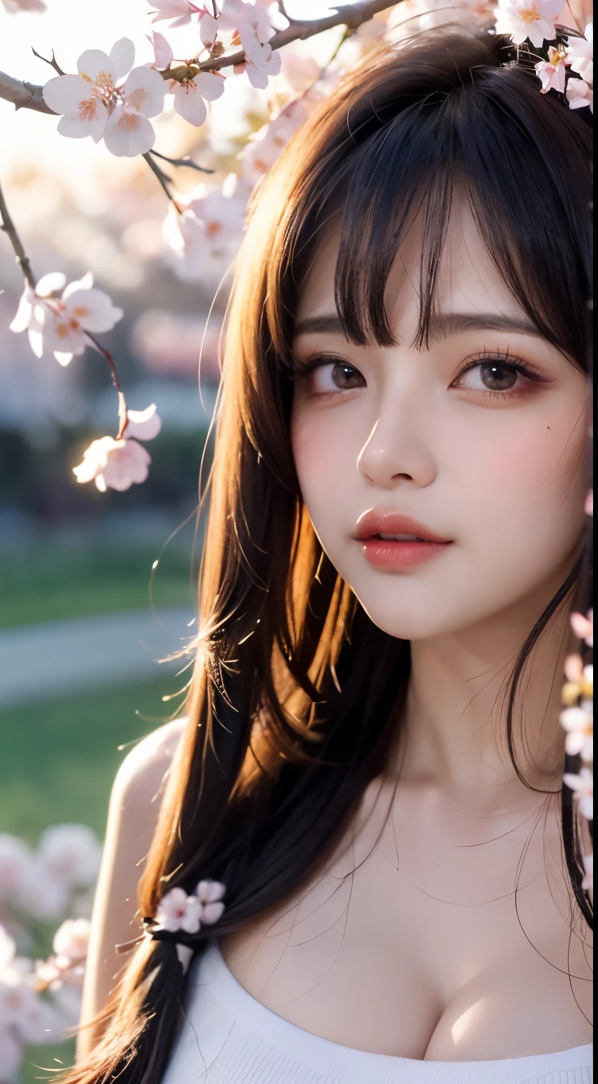 Mustepiece, top quality, illustration, ultra-definition, fine details, high resolution, 8K wallpaper, perfect dynamic composition, beautiful detailed eyes, wearing a dress, natural colored lips, random cute pose, perfect and beautiful face, cute, sexy face, sunset, ecstasy face, feminine face, (cherry blossoms, cherry blossoms, falling cherry blossom petals, cherry blossom blizzard, falling petals), waving in the wind Hair, hair fluttering, pink cherry blossoms, petals dancing, cherry blossom snowstorm, wonderful scenery, sunrise, background sun, wind,