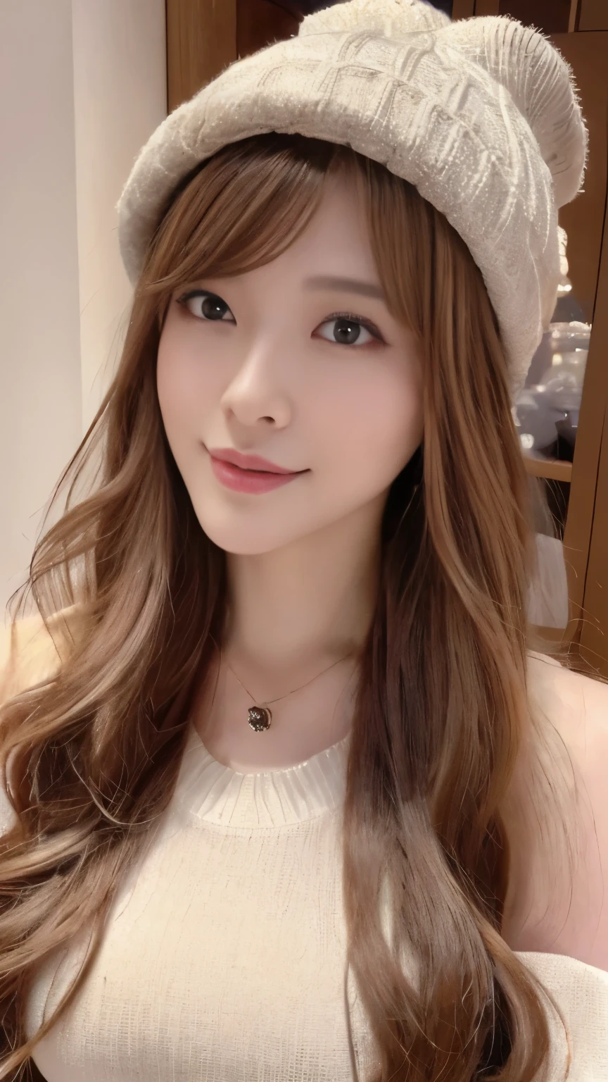 (Masseter muscle part:1.3)、(8K、Photoreal、RAW photo、highest quality: 1.4)、(1 girl)、beautiful face、(lifelike face)、(light beige mixed hair、super long hair:1.3)、(big breasts)、off shoulder sweater、It's sticking out 、appear、((Sexy))、Beanie hat、Wearing a cute knitted pom-pom hat、necklace、(Display hat on screen)、realistic eyes、beautiful details、(本物にappear肌)、beautiful skin、absurd、attractive、超A high resolution、surreal、high detail、golden ratio