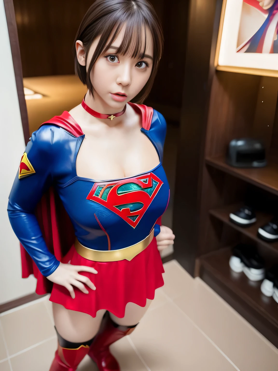 masterpiece、supergirl costume、short hair、enamel boots、big and full breasts、Crisis situation、standing posture、model body shape、shiny、long sleeve、looking at camera、choker、red mini skirt、Picture Poster、gravure magazine、sweaty、whole body、from right in front、heavy rain、