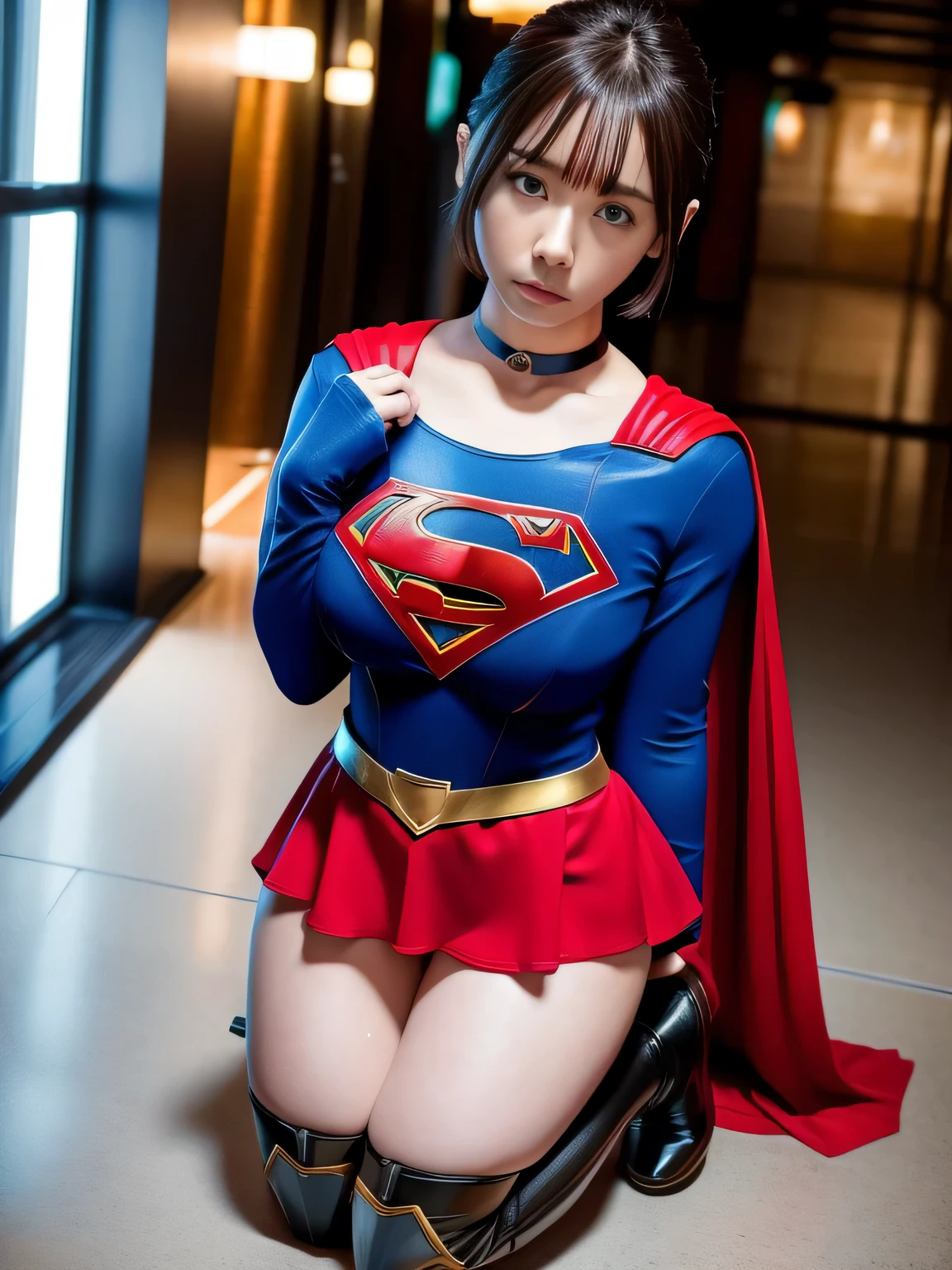 masterpiece、supergirl costume、short hair、enamel boots、big and full breasts、Crisis situation、Kneeling posture、model body shape、shiny、long sleeve、looking at camera、choker、red mini skirt、movie poster、gravure magazine、sweaty、whole body、from right in front、heavy rain、