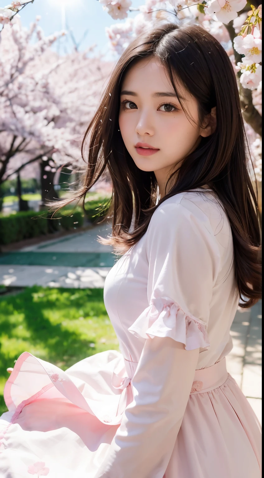 (A logo、​masterpiece、8K、masutepiece、Raw photo、Fantastic、Best Quality、Photorealistic and ighly detailed CG integrated 8k wallpaper、hightquality、ighly detailed、epic poem、Particle effect、Dynamic effects、depth of fields、Cinematic Light、Lens Flare、Ray tracing)、Fantasia、 (Beauty 1 person、doress、Dress、Cherry blossom pattern、A dark-haired、Beautiful face、Real Face、beautiful details eyes beautiful skin)、my hair dances in the wind、Hair flutters in the wind、Hair jumps、Pink cherry blossom tree、Petals flutter、Sakura blizzard、Superb view、morning glow、Sun in the background、the wind、