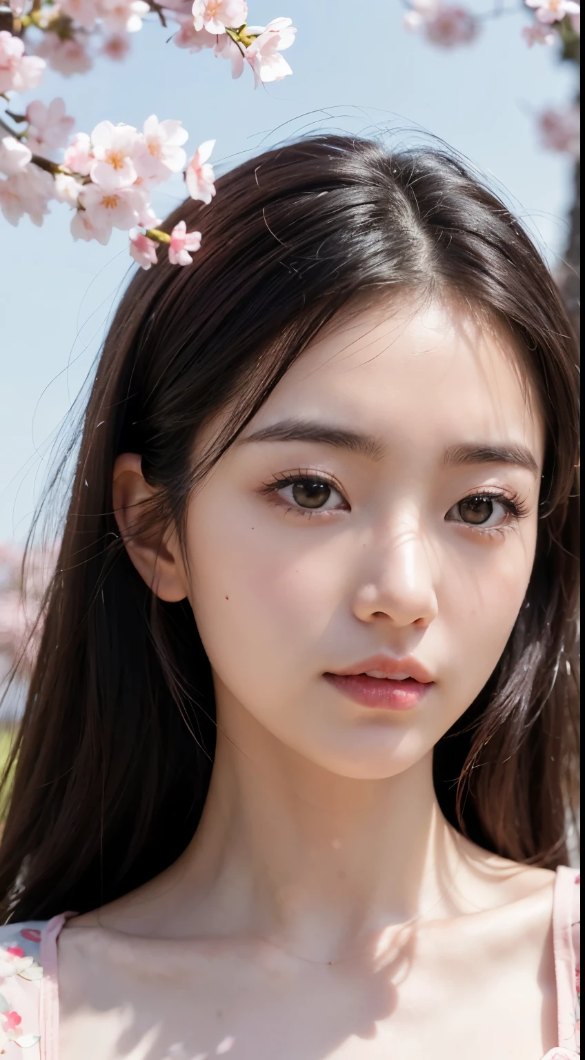 (A logo、​masterpiece、8K、masutepiece、Raw photo、Fantastic、Best Quality、Photorealistic and ighly detailed CG integrated 8k wallpaper、hightquality、ighly detailed、epic poem、Particle effect、Dynamic effects、depth of fields、Cinematic Light、Lens Flare、Ray tracing)、Fantasia、 (Beauty 1 person、doress、Dress、Cherry blossom pattern、A dark-haired、Beautiful face、Real Face、beautiful details eyes beautiful skin)、my hair dances in the wind、Hair flutters in the wind、Hair jumps、Pink cherry blossom tree、Petals flutter、Sakura blizzard、Superb view、morning glow、Sun in the background、the wind、