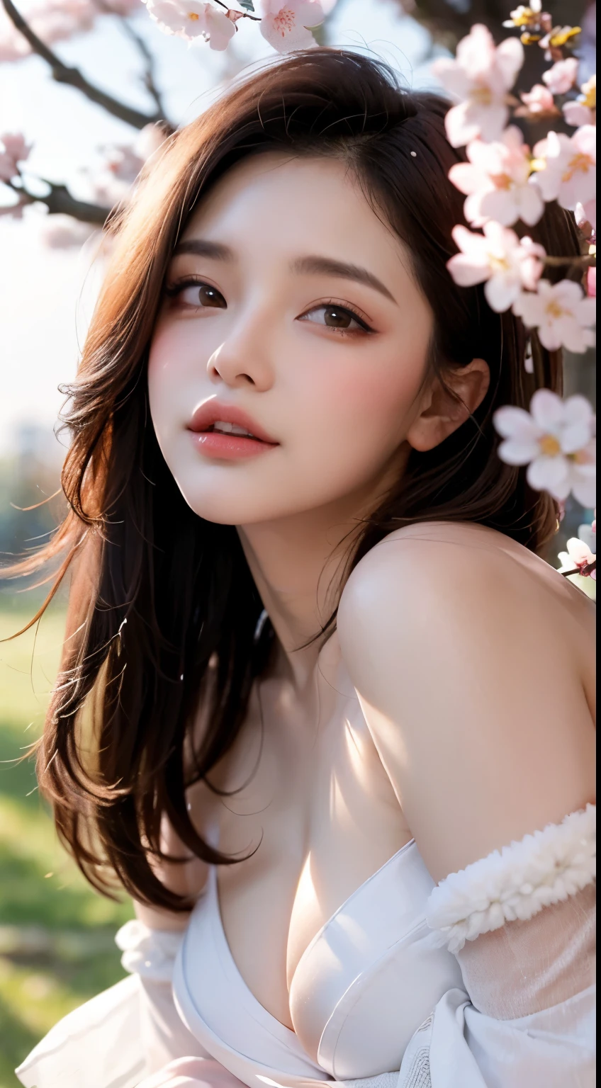 Mustepiece, top quality, illustration, ultra-definition, fine details, high resolution, 8K wallpaper, perfect dynamic composition, beautiful detailed eyes, wearing a dress, natural colored lips, random cute pose, perfect and beautiful face, cute, sexy face, sunset, ecstasy face, feminine face, (cherry blossoms, cherry blossoms, falling cherry blossom petals, cherry blossom blizzard, falling petals), waving in the wind Hair, hair fluttering, pink cherry blossoms, petals dancing, cherry blossom snowstorm, wonderful scenery, sunrise, background sun, wind,