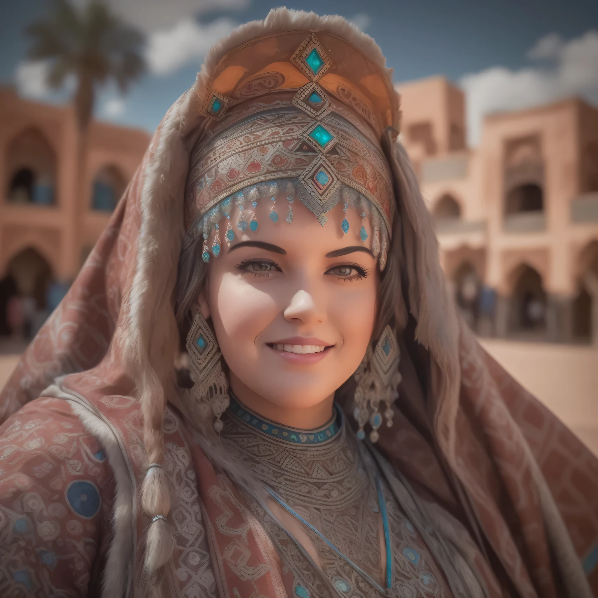 ((Amazigh)), ((best quality)), ((masterpiece)), ((realistic,digital art)), (hyper detailed),DonMD3m0nV31ns,lightning veins, Lush Instrument, Optimal Viewing Angles,Eye Wash Stations,Detachable Units,Assembly Blocks, Lace, Crystalline, beautiful, happy, traditional, Amazigh headdress, Amazigh culture, long shot scenic professional photograph of pretty woman, BBW, curvy, brunette, bright eyes, jewelry, Moroccan Caftan, TazerzitXL, isni, liberty headdress, Moroccan pattern background, Marrakech, Riad pool, Morocco, Berber, souk, medina, perfect viewpoint, highly detailed, wide-angle lens, hyper realistic, with dramatic sky, polarizing filter, natural lighting, vivid colors, everything in sharp focus, HDR, UHD, K