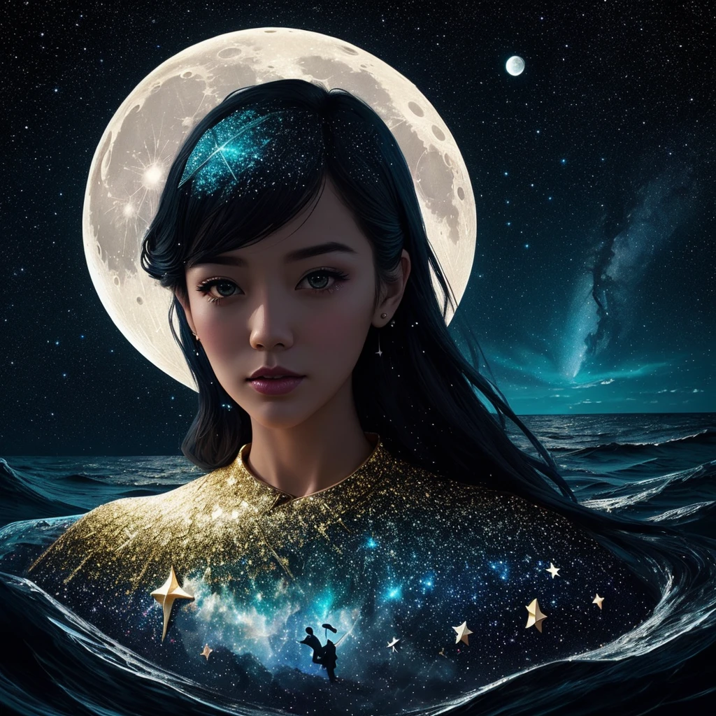 "stranded in the middle of an ocean,! sparkles, splash art, made of stars on a starry night" double exposure collage art illustration, silhouette art, moon, fantasy, stars, hdr, vibrant, surrealism, hyperdetailed, hypermaximalist illustration by Meg Chikhani, Victo Ngai, Rlon, Andreas Lie, Android Jones