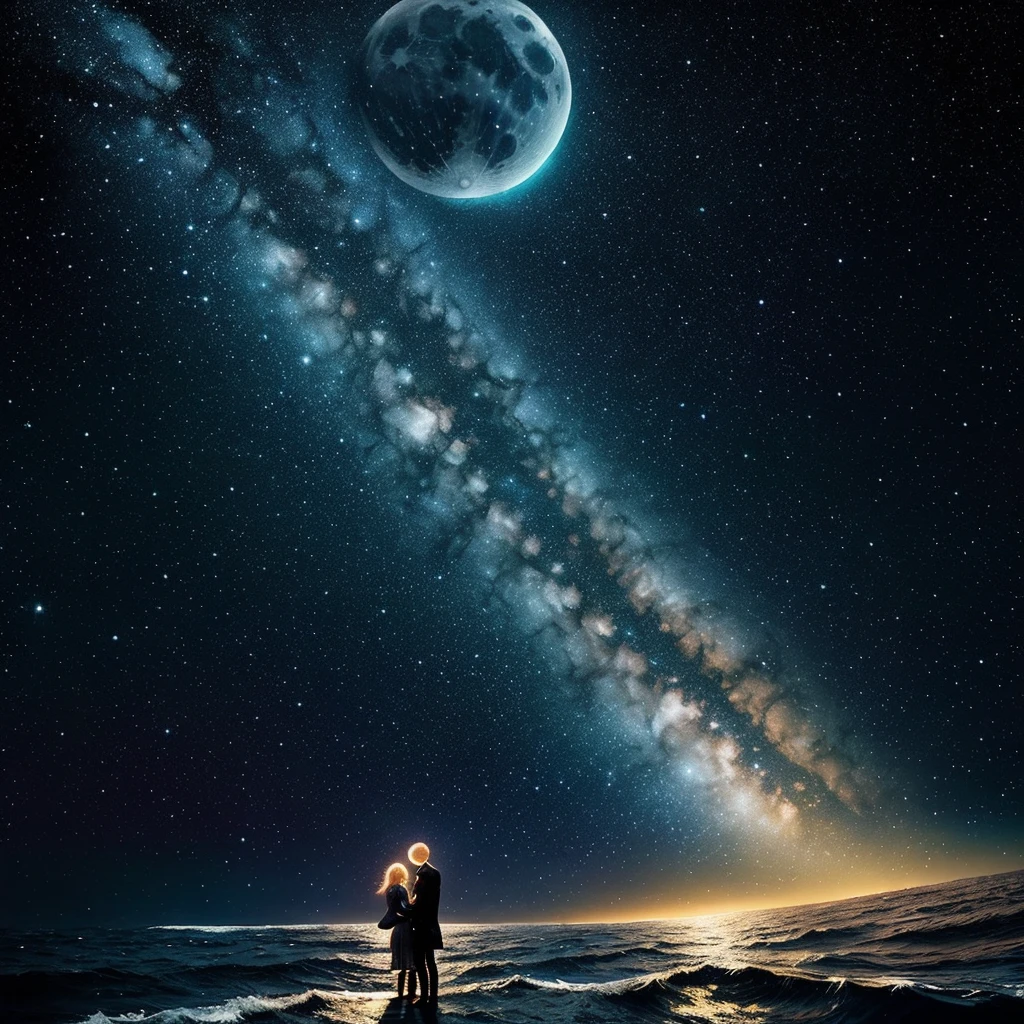 "stranded in the middle of an ocean,! sparkles, splash art, made of stars on a starry night" double exposure collage art illustration, silhouette art, moon, fantasy, stars, hdr, vibrant, surrealism, hyperdetailed, hypermaximalist illustration by Meg Chikhani, Victo Ngai, Rlon, Andreas Lie, Android Jones