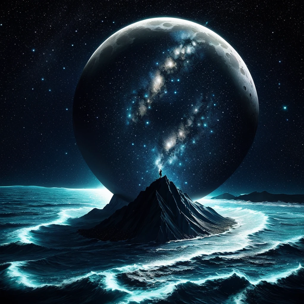 "stranded in the middle of an ocean,! sparkles, splash art, made of stars on a starry night" double exposure collage art illustration, silhouette art, moon, fantasy, stars, hdr, vibrant, surrealism, hyperdetailed, hypermaximalist illustration by Meg Chikhani, Victo Ngai, Rlon, Andreas Lie, Android Jones