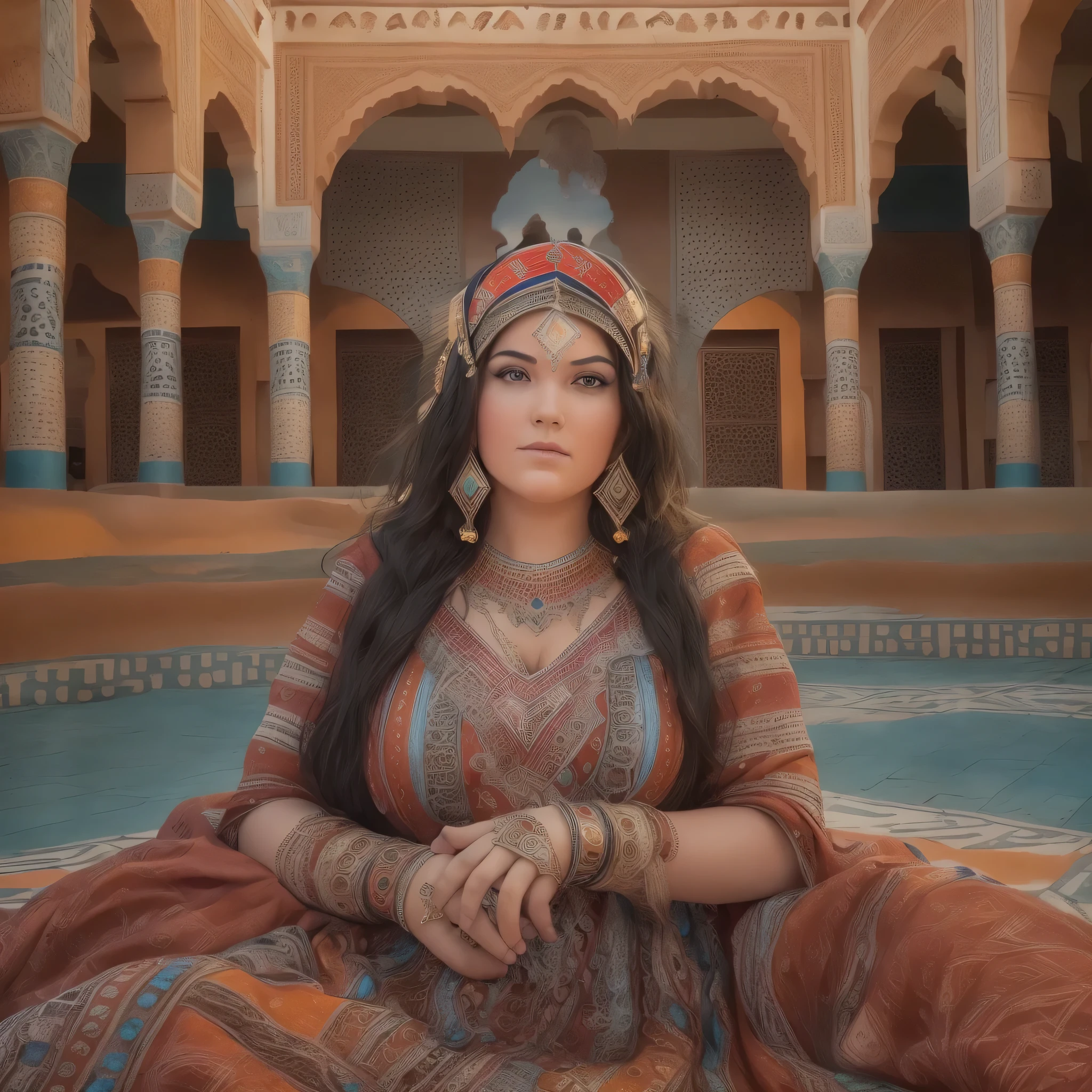 ((Amazigh)), ((best quality)), ((masterpiece)), ((realistic,digital art)), (hyper detailed),DonMD3m0nV31ns,lightning veins, Lush Instrument, Optimal Viewing Angles,Eye Wash Stations,Detachable Units,Assembly Blocks, Lace, Crystalline, beautiful, happy, traditional, Amazigh headdress, Amazigh culture, long shot scenic professional photograph of pretty woman, BBW, curvy, brunette, bright eyes, jewelry, Moroccan Caftan, TazerzitXL, isni, liberty headdress, Moroccan pattern background, Marrakech, Riad pool, Morocco, Berber, souk, medina, perfect viewpoint, highly detailed, wide-angle lens, hyper realistic, with dramatic sky, polarizing filter, natural lighting, vivid colors, everything in sharp focus, HDR, UHD, K