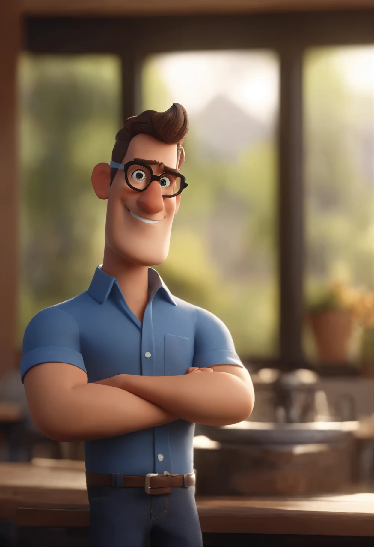 Cartoon character of a man in black glasses and blue shirt, animation character, Caractere estilizado, animation style rendering, 3D estilizado, Arnold Maya rendering, Stylized 3D rendering, toon render screenshot, Personagem 3D, Personagem 3D, Stylized 3D rendering, 3D character rendering, personagem de desenho animado, Personagem de close up, Pose de personagem,  (Estilo Pixar) (parte mestre:1.2) (Bokeh) (Melhor qualidade) (pele detalhada) (textura detalhada) (8k) (argila) (cinematic lighting) (sharp focus