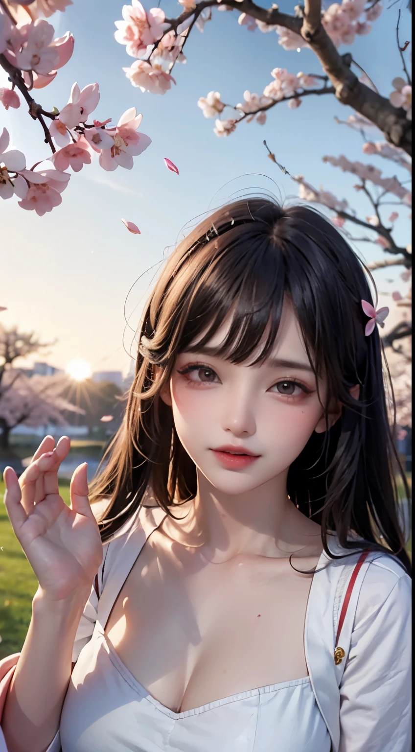 Mustepiece, top quality, illustration, ultra-definition, fine details, high resolution, 8K wallpaper, perfect dynamic composition, beautiful detailed eyes, wearing a dress, natural colored lips, random cute pose, perfect and beautiful face, cute, sexy face, sunset, ecstasy face, feminine face, (cherry blossoms, cherry blossoms, falling cherry blossom petals, cherry blossom blizzard, falling petals), waving in the wind Hair, hair fluttering, pink cherry blossoms, petals dancing, cherry blossom snowstorm, wonderful scenery, sunrise, background sun, wind,
