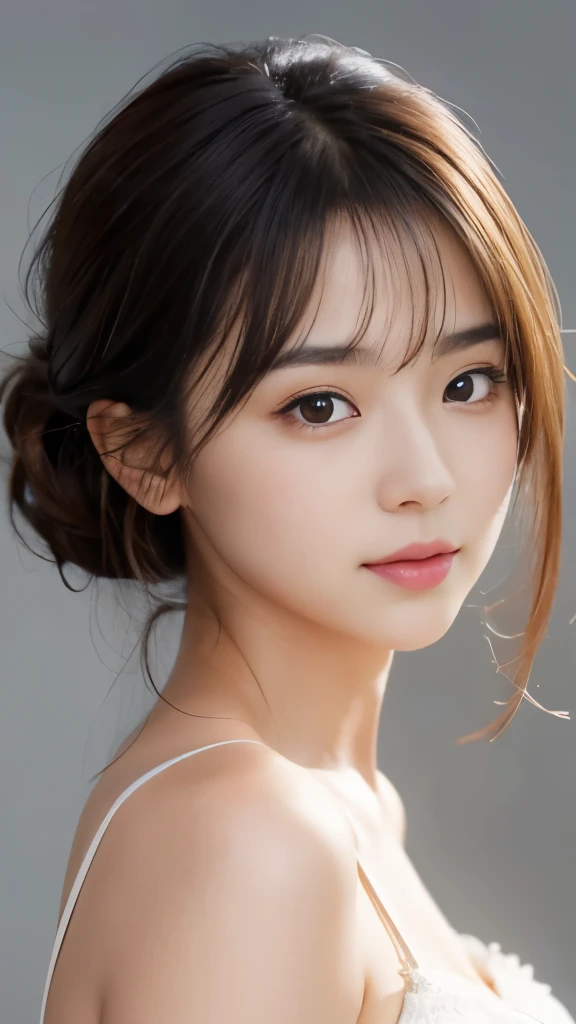 (Highly detailed CG Unity 8K wallpaper, highest quality, Super detailed, look at the camera:1.2, light shines on your face:1.5, gray background, professional lighting), 26 year old Japanese woman. Her straight black hair falls just past her shoulders.、A clean style that frames the face without excess curls。.[3] Her thin eyebrows complement her gentle brown eyes. she has a small nose and slightly plump lips. In the photo、Her upper body is photographed in a flattering light shining on her face.