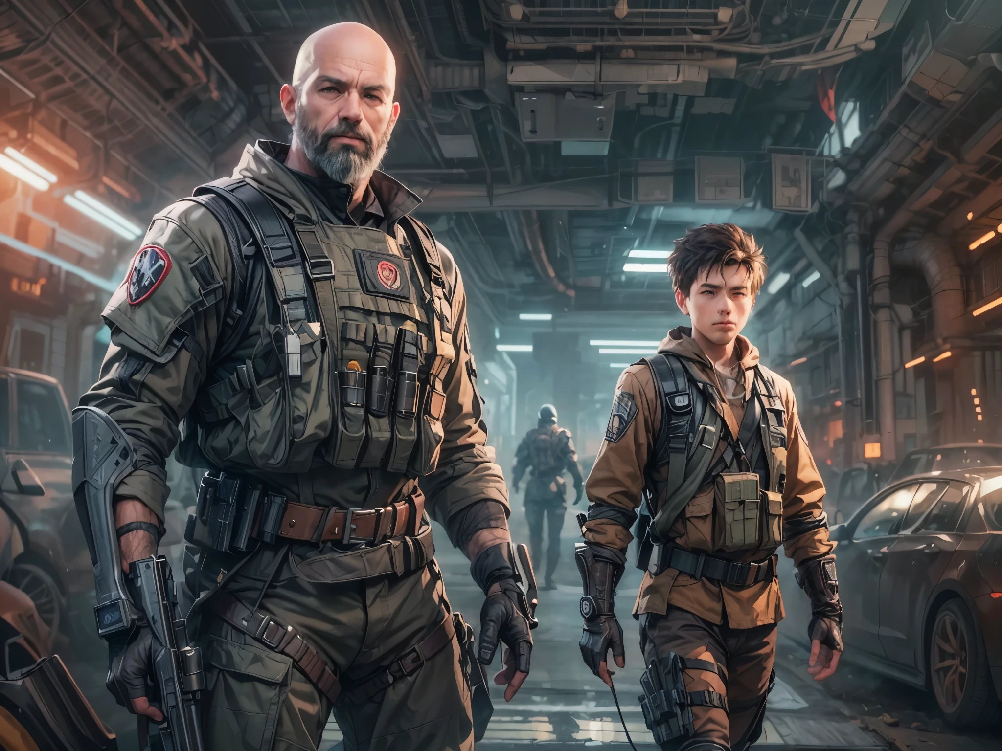 (full body portrait), (2 guys), (the first is a 14 year old messy brown haired boy), (the second is his bald, muscular father with a graying beard), realistic style, detailed face, clothing futuristic combat equipment tear and dirty, futuristic combat equipment, 8k, science fiction composition, science fiction background, in the background a mysterious machine