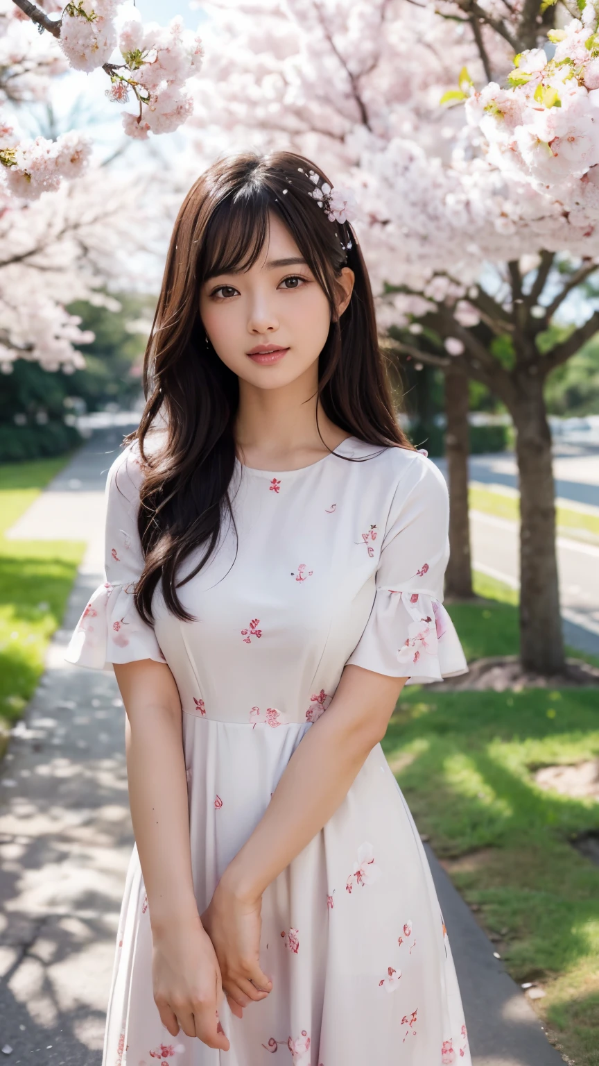 (A logo、masterpiece、8K、masutepiece、Raw photo、Fantastic、Best Quality、Photorealistic and ighly detailed CG integrated 8k wallpaper、hightquality、ighly detailed、epic poem、Particle effect、Dynamic effects、depth of fields、Cinematic Light、Lens Flare、Ray tracing)、Fantasia、 (Beauty 1 person、doress、Dress、Cherry blossom pattern、A dark-haired、Beautiful face、Real Face、beautiful details eyes beautiful skin)、my hair dances in the wind、Hair flutters in the wind、Hair jumps、Pink cherry blossom tree、Petals flutter、Sakura blizzard、Superb view、morning glow、Sun in the background、the wind、