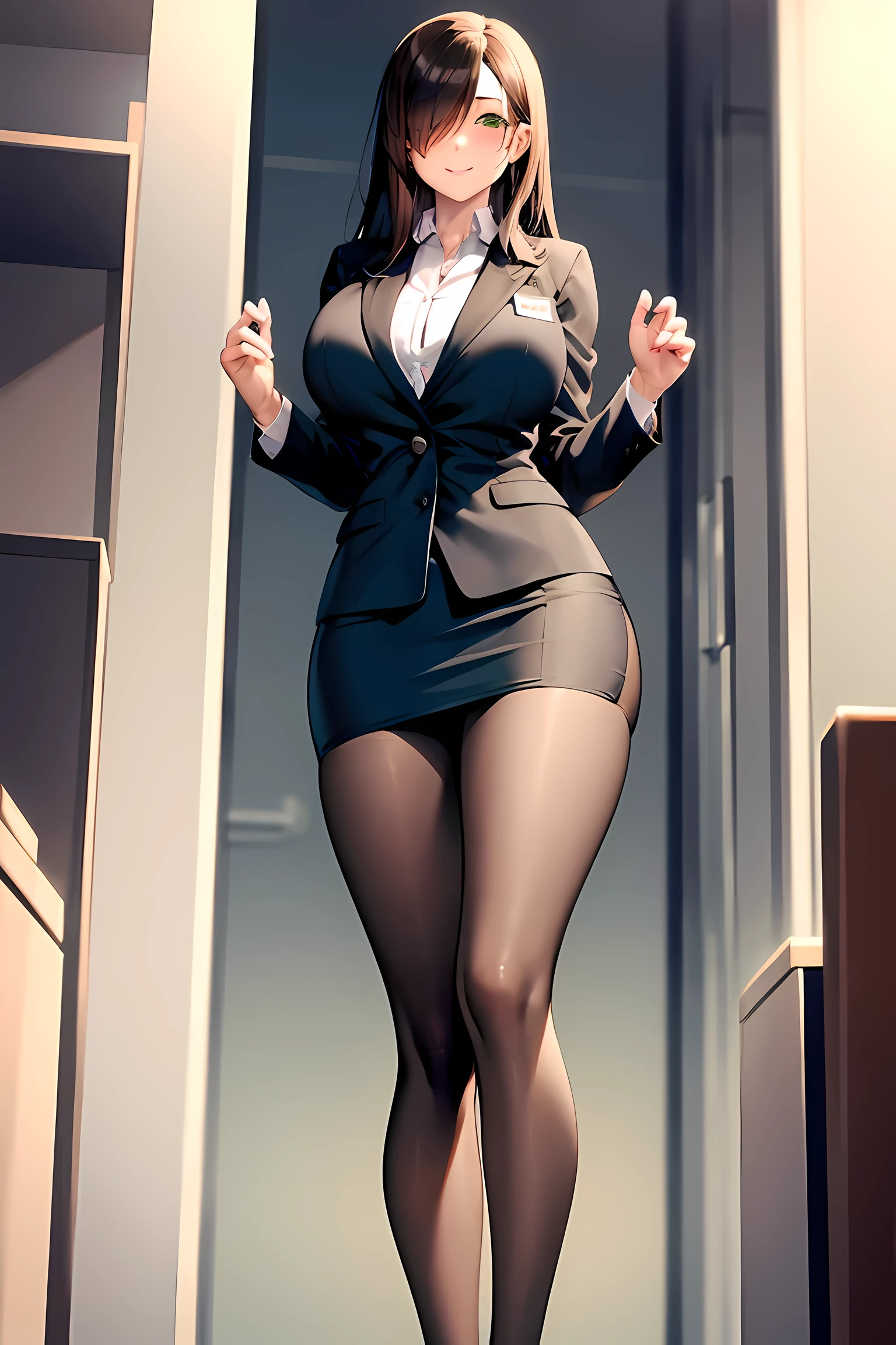 Tall woman, office lady, long brown hair, Zopf, green eyes, Birthmark under one eye, gigantic breasts, black office suit, skirt, stockings, Small smile, office, best quality, Masterpiece, 