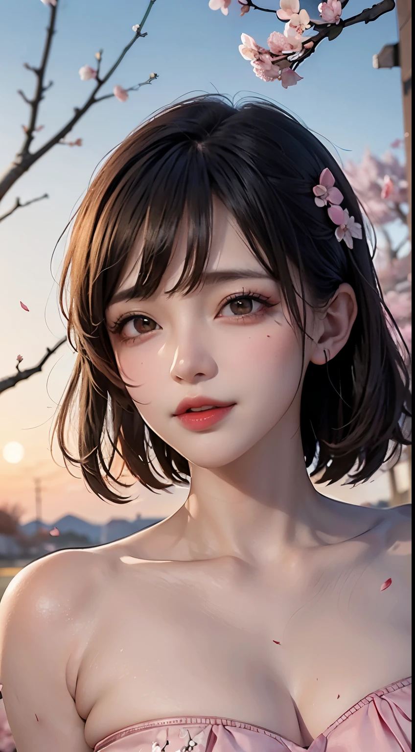 Mustepiece, top quality, illustration, ultra-definition, fine details, high resolution, 8K wallpaper, perfect dynamic composition, beautiful detailed eyes, wearing a dress, natural colored lips, random cute pose, perfect and beautiful face, cute, sexy face, sunset, ecstasy face, feminine face, (cherry blossoms, cherry blossoms, falling cherry blossom petals, cherry blossom blizzard, falling petals), waving in the wind Hair, hair fluttering, pink cherry blossoms, petals dancing, cherry blossom snowstorm, wonderful scenery, sunrise, background sun, wind,
