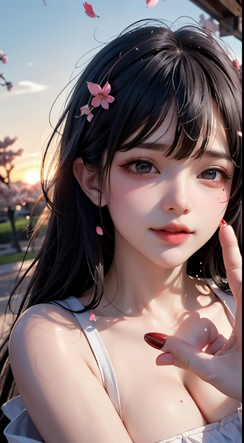 Mustepiece, top quality, illustration, ultra-definition, fine details, high resolution, 8K wallpaper, perfect dynamic composition, beautiful detailed eyes, wearing a dress, natural colored lips, random cute pose, perfect and beautiful face, cute, sexy face, sunset, ecstasy face, feminine face, (cherry blossoms, cherry blossoms, falling cherry blossom petals, cherry blossom blizzard, falling petals), waving in the wind Hair, hair fluttering, pink cherry blossoms, petals dancing, cherry blossom snowstorm, wonderful scenery, sunrise, background sun, wind,