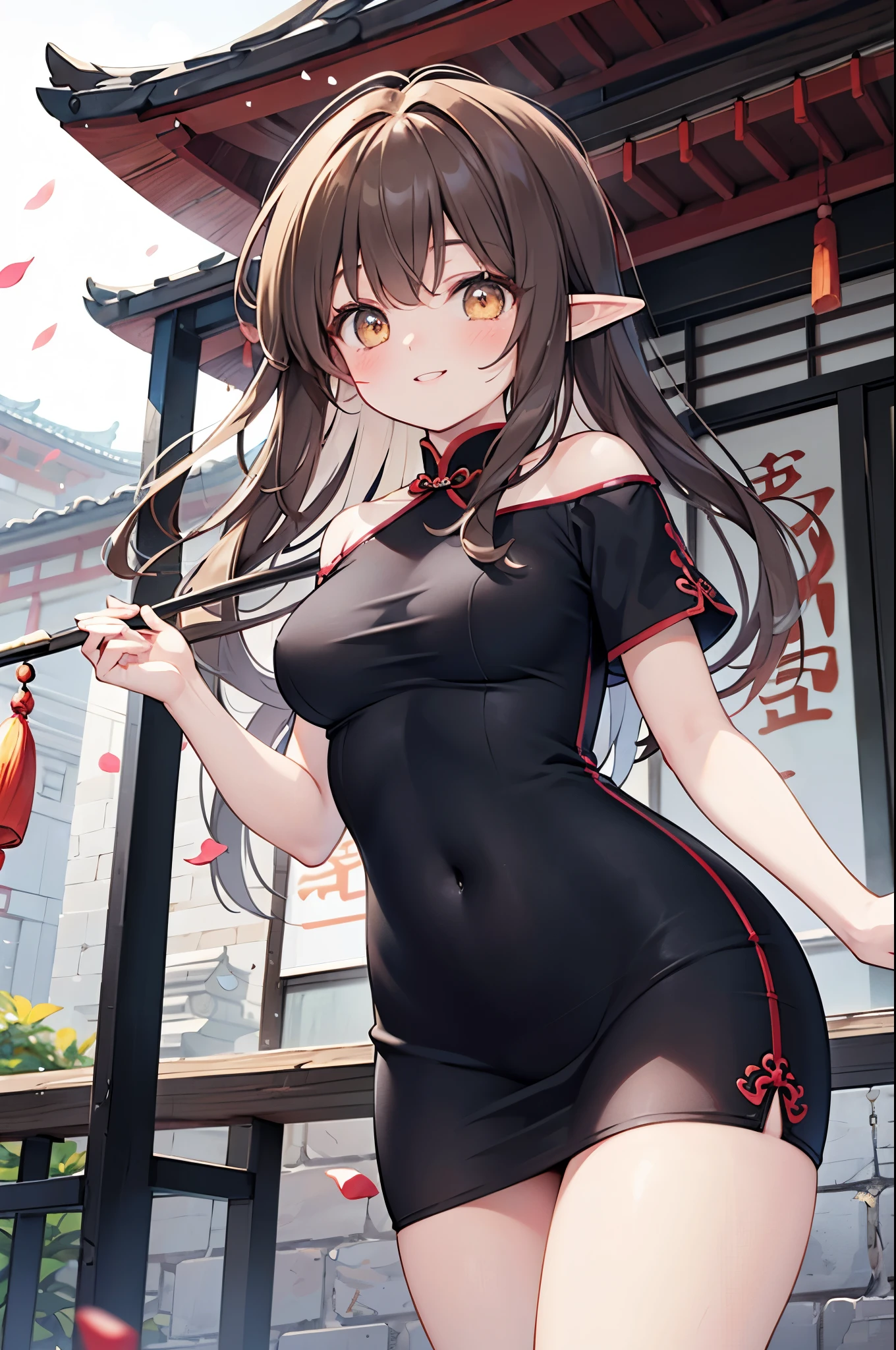realistic image, coherent image, detailed image, 1 beautiful elf. She has brown hair, long hair, tied up with two pigtails. Blue eyes, long eyelashes. Her face is oval and delicate. Smiling. She wears a red Cheongsam, side slits. She has a curvy body, small breasts and thick thighs. Chinese temple, flower petals falling around. ambient light, volumetric light,