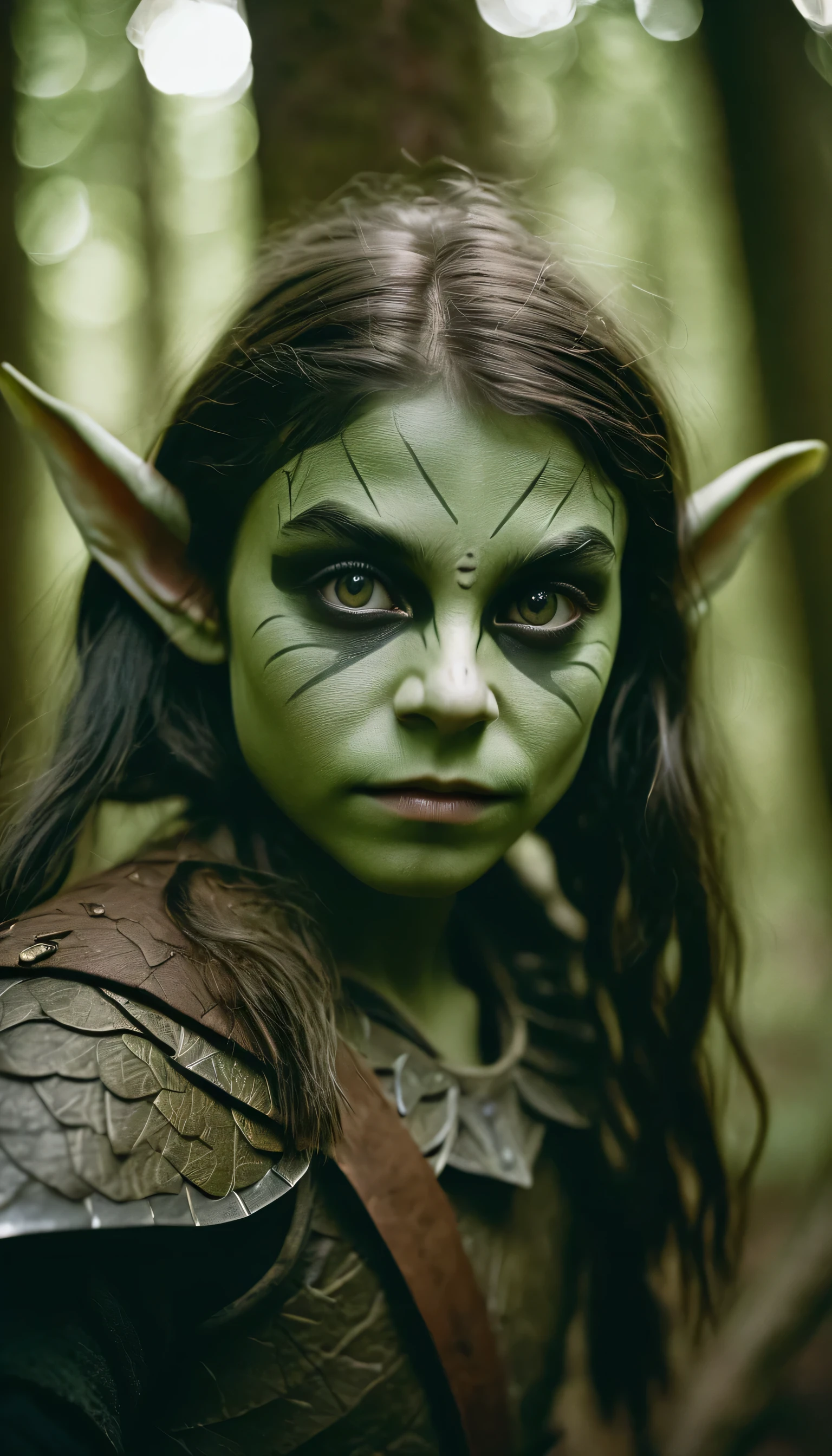 analog film photo, photo of young goblin warrior, female, 13 years-old, greenish skin, diminutive build, pointy ears, upturned nose, slitted pupils, pretty, natural beauty, mystical forest, RAW Photograph, dslr, soft lighting, high quality, film grain, Fujifilm XT3, detailed skin with visible pores, insane details, masterpiece, 8k, 35mm photograph, dslr, kodachrome, faded film, desaturated, 35mm photo, grainy, vintage, Kodachrome, Lomography, stained, highly detailed, found footage, close-up shot 
