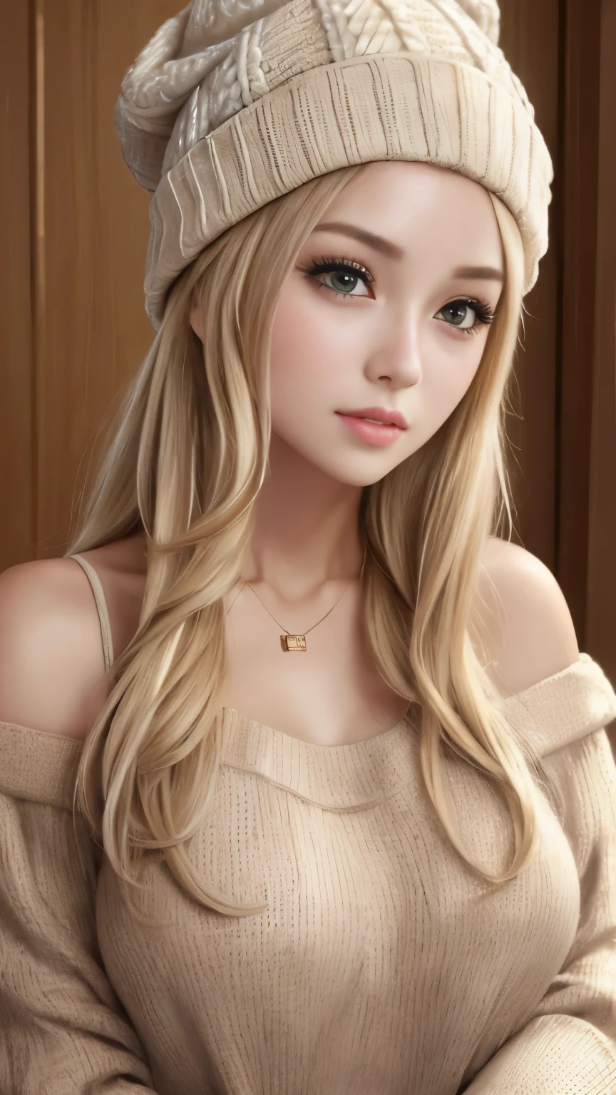 (Masseter muscle part:1.3)、(8K、Photoreal、RAW photo、highest quality: 1.4)、(1 girl)、beautiful face、(lifelike face)、(light beige mixed hair、super long hair:1.3)、(big breasts)、off shoulder sweater、It&#39;s sticking out 、appear、((Sexy))、Beanie hat、Wearing a cute knitted pom-pom hat、necklace、(Display hat on screen)、realistic eyes、beautiful details、（本物にappear肌）、beautiful skin、absurd、attractive、超A high resolution、surreal、high detail、golden ratio