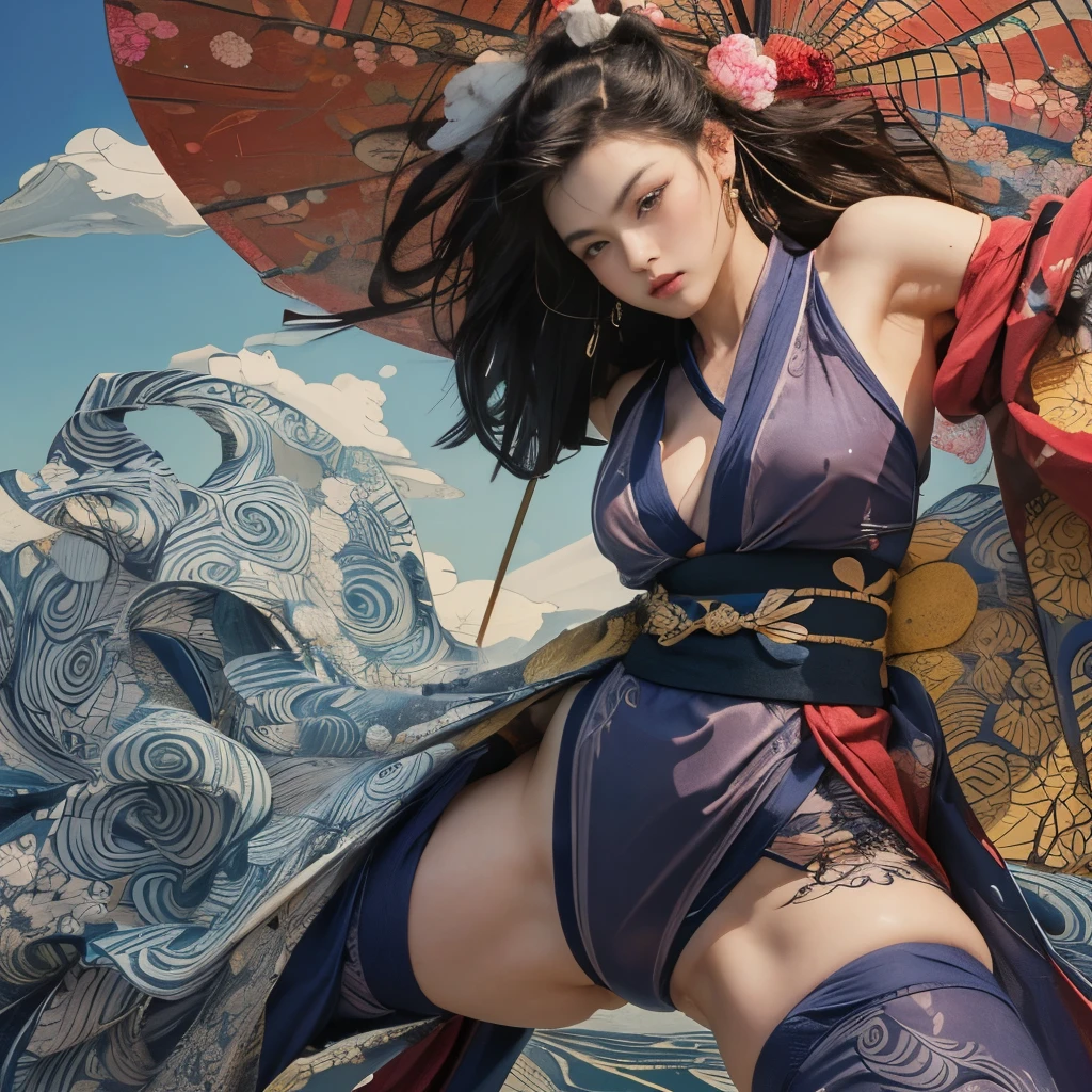 (masterpiece, top quality, best quality, official art, beauty:1.2),（The most detailed and clear facial features：2.0，Face profile：1.0） (1 Japanese Chunli:1.5), Very detailed,(Ukiyo-e艺术:1.1),(Ukiyo-e，rich and colorful:1.1)(flowers:1.3),most detailed,(Zentangle:1.2), (dynamic poses，Showing thighs:2.0), (Blue sky and white clouds moon background:1.3), (Japanese kimono:1.2，Kimono transparent:1.5), (spread legs，Create glowing skin，Camel toe pubis：1.2), (Many colors:1.4), ,(earrings:1.4),