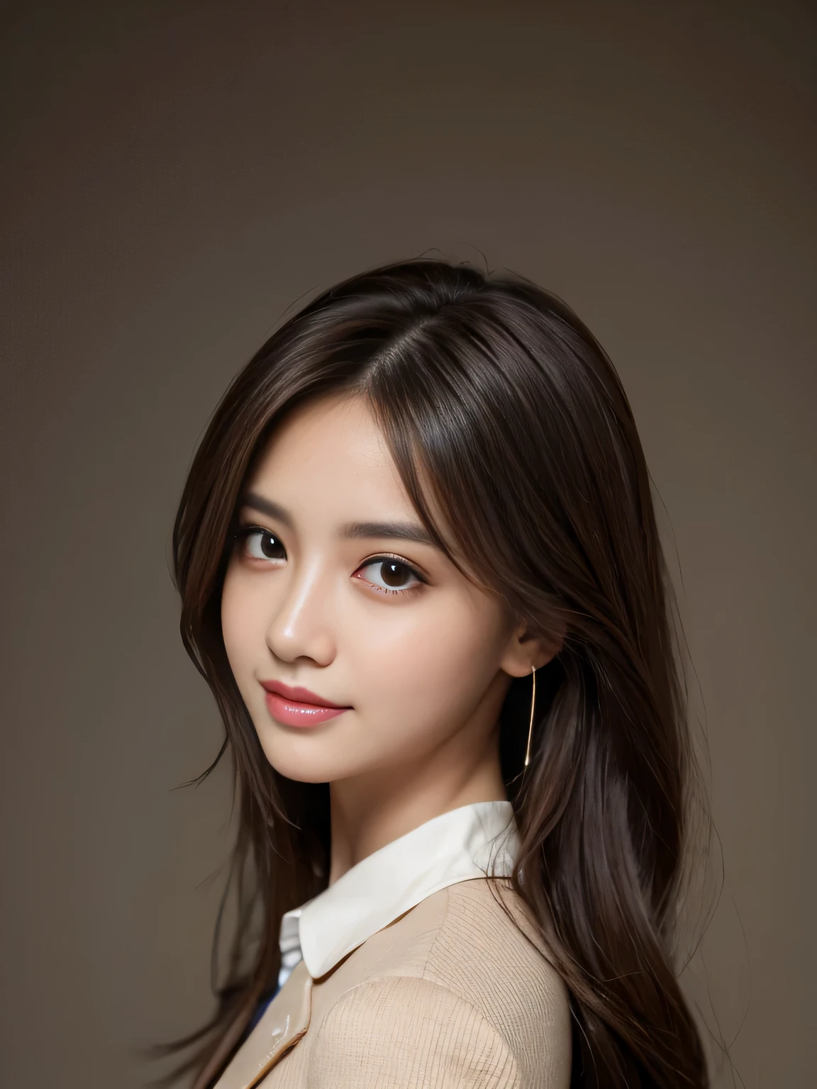 highest quality, realistically, Super detailed, detailed pubic hair, High resolution, solid color background,8k wallpaper, 1 beautiful woman,,light brown messy hair, wear a dark suit, lock focus, perfect dynamic composition, beautiful eyes, delicate hair, Detailed realistically skin texture, smile, close-up portrait, Preparing model body