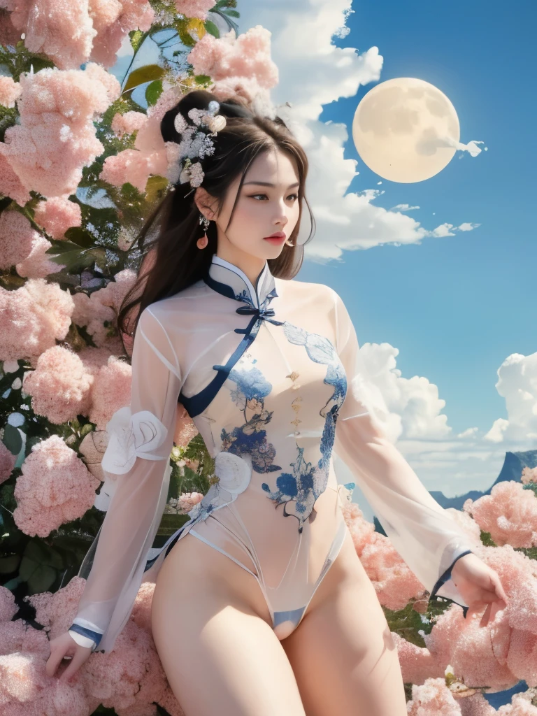 (masterpiece, top quality, best quality, official art, beauty:1.2),(The most detailed and clear facial features:2.0,clear fingers:2.0,facial contour:1.0) (1 Chinese goddess:1.5), Very detailed,(Dunhuang艺术:1.1),(Dunhuang,colorful:1.1)(flowers:1.3),most detailed,(Zentangle:1.2), (dynamic posture,Showing thighs:2.0), (Blue sky and white clouds moon background:1.3), (Chinese embroidered Hanfu:1.2), (Spread your legs for shiny skin,Camel toe pubic bone:1.9), (Many colors:1.4), ,(earrings:1.4),(transparent:1.5)