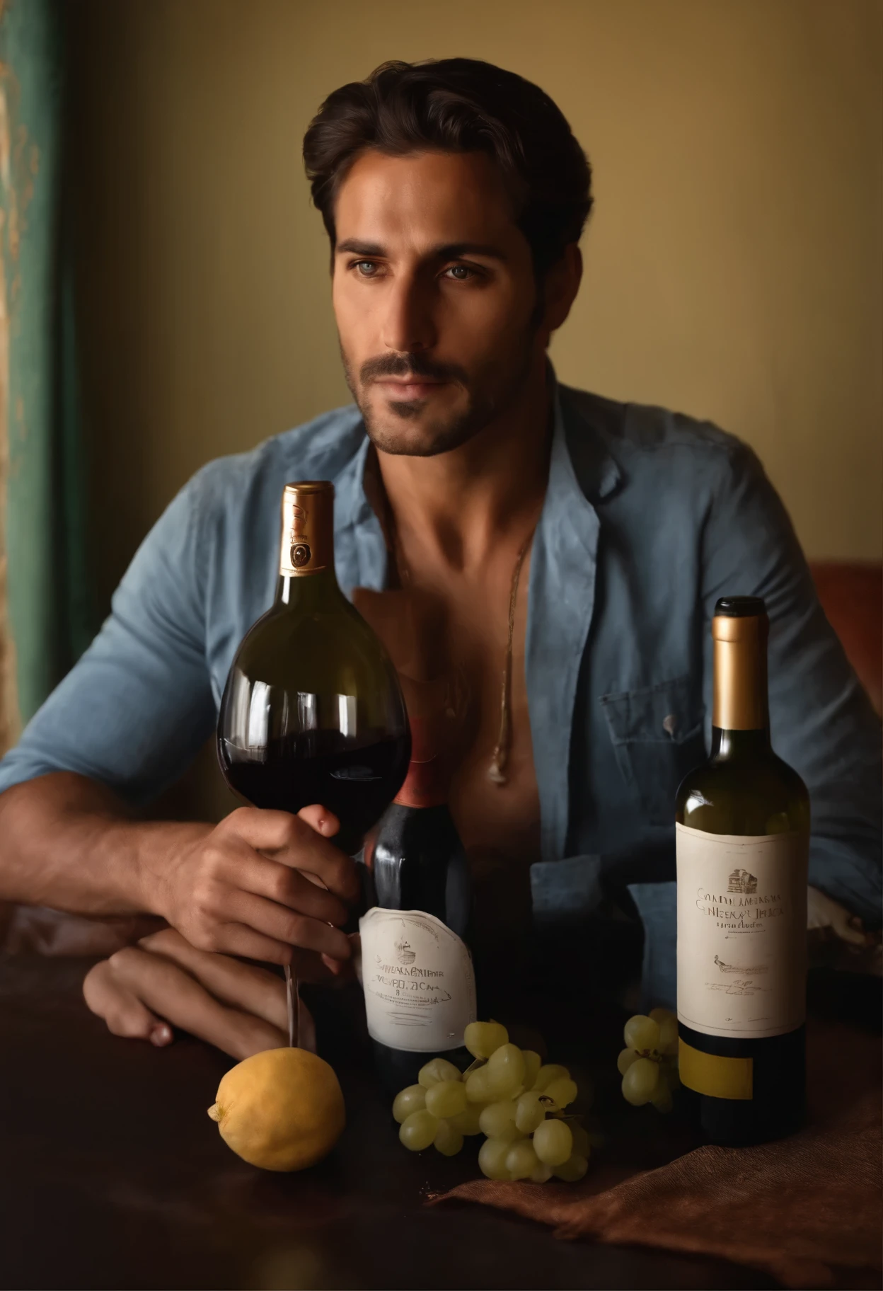 A 40-year-old man with black hair, wearing no shirt, black pants, and flip-flops, is sitting at a table with a bottle of liquor and a plate with food on it.