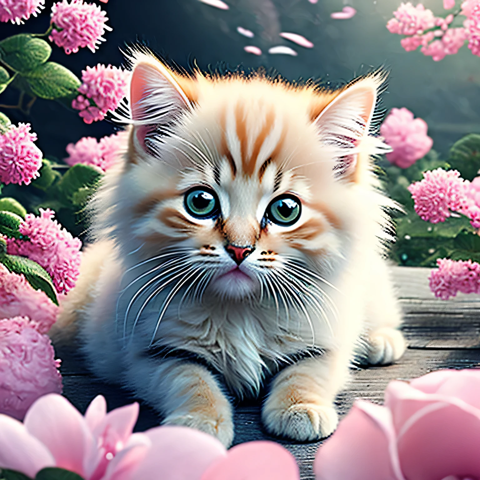 In this ultra-detailed CG art, the adorable kitten surrounded by ethereal roses, best quality, high resolution, intricate details, fantasy, cute animals, cherry blossom