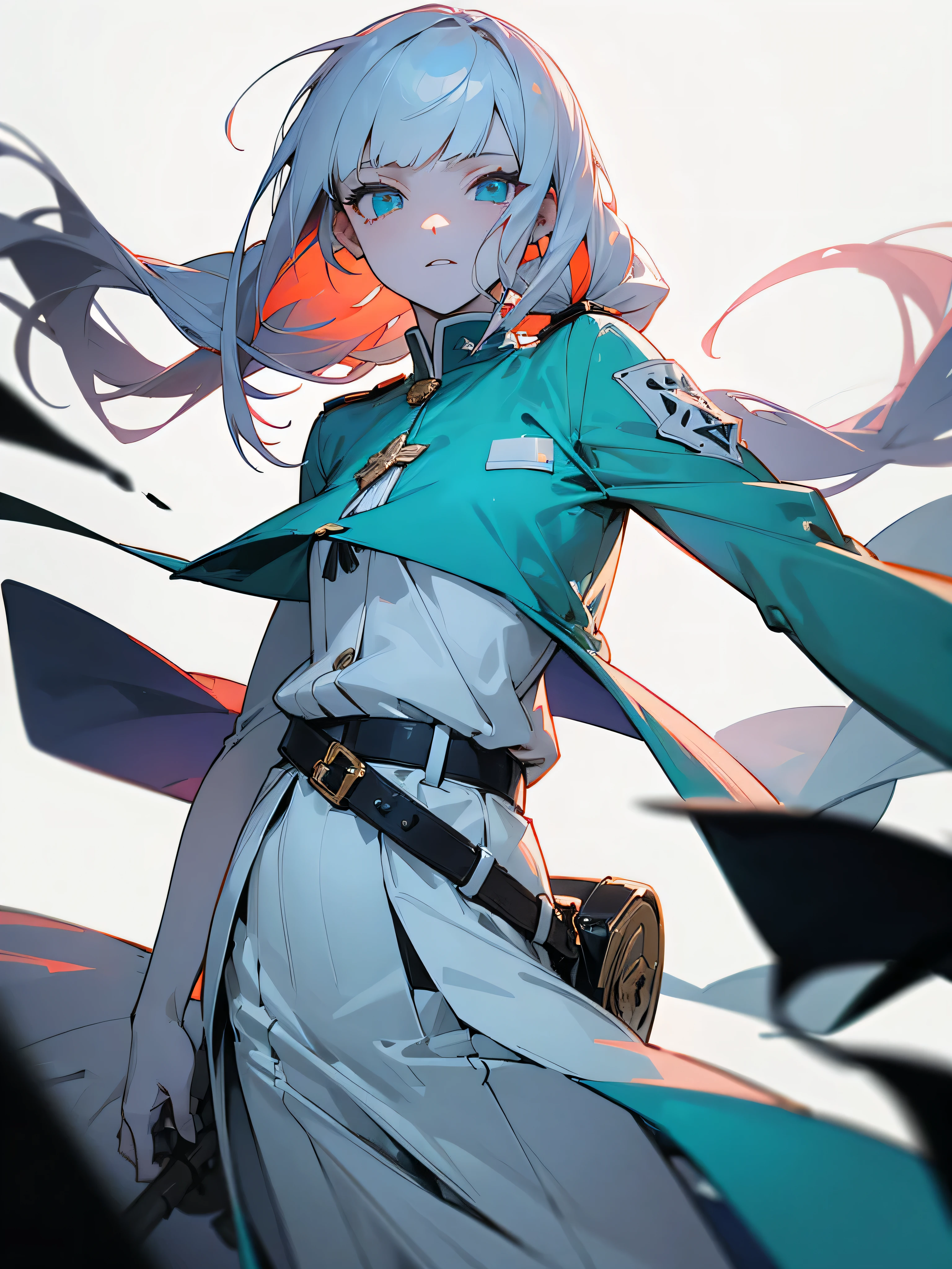  White one-piece military uniform,(masutepiece:1.2, Best Quality), neon,(finely detailed beautiful eye: 1.2), (beautifull detailed face), High contrast, (Best Illumination, extremely delicate and beautiful), ((Cinematic Light)), Dramatic light, Intricate details, Turquoise eyes, tiny chest, Belt under the chest, White military uniform, White skirt, Dark gray hair, Black tie, (Pale white background:1.5), Long twin tails fluttering in the wind, Long twin tails, Dynamic Pose,
